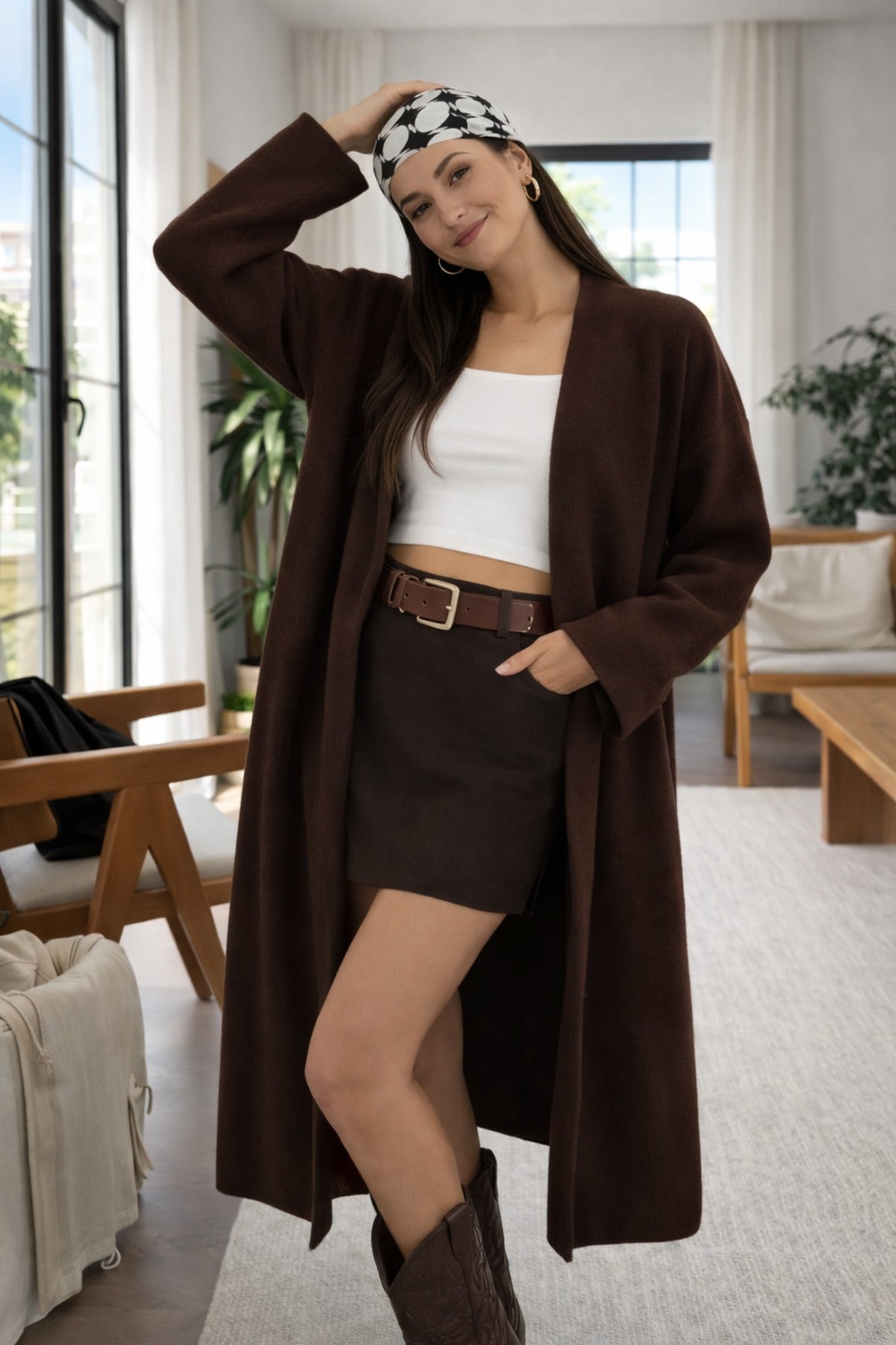 Kadın Şardonlu Uzun Oversize Triko Hırka – Şal Yaka, 120 cm - Kahverengi