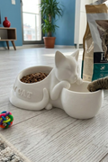Kedi Figürlü Mama Kabı Çift Hazneli Dekoratif Mama ve Su Kabı 25 cm