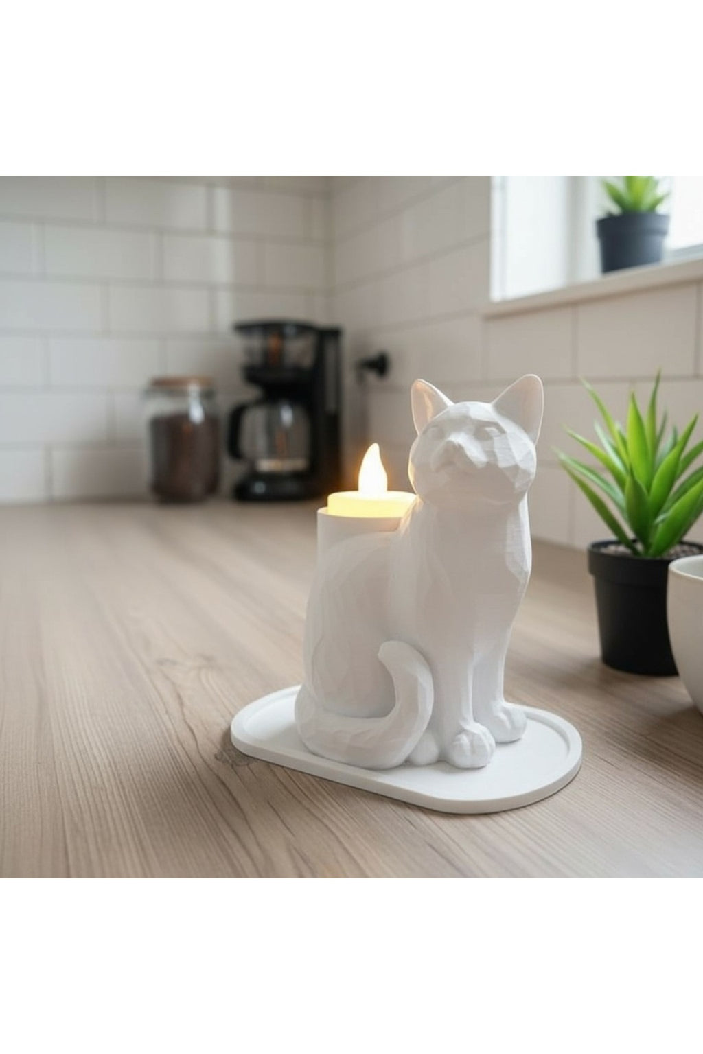 Beyaz Mozaik Dekoratif Kedi Biblo Led Mumlu Şık Ev Ofis Masa Üstü Aksesuar Mumluk (led Mum Hediye) - Görsel 3