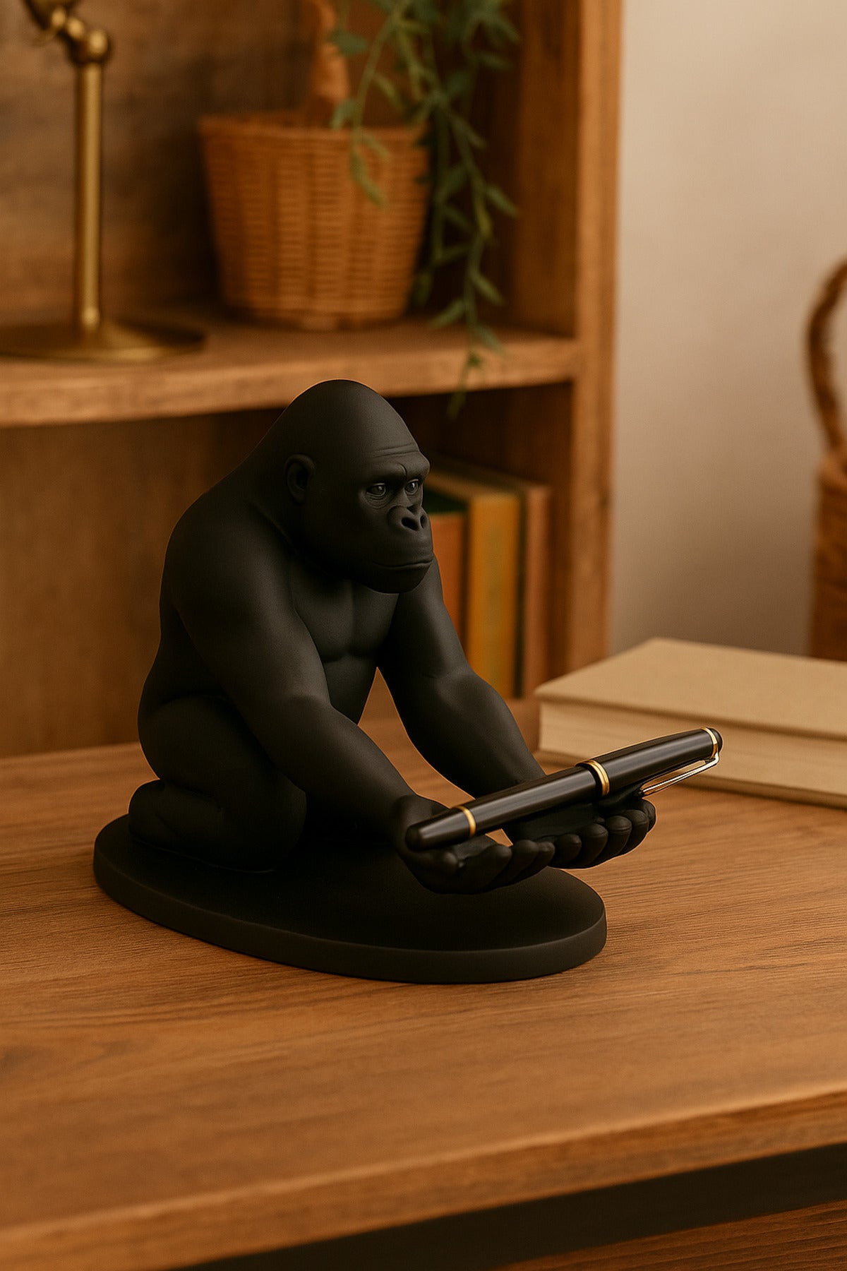 3D Siyah Goril Figürlü Dekoratif Telefon, Tablet Standı, Kalem Tutucu Heykel, Masaüstü Organizer - Görsel 2