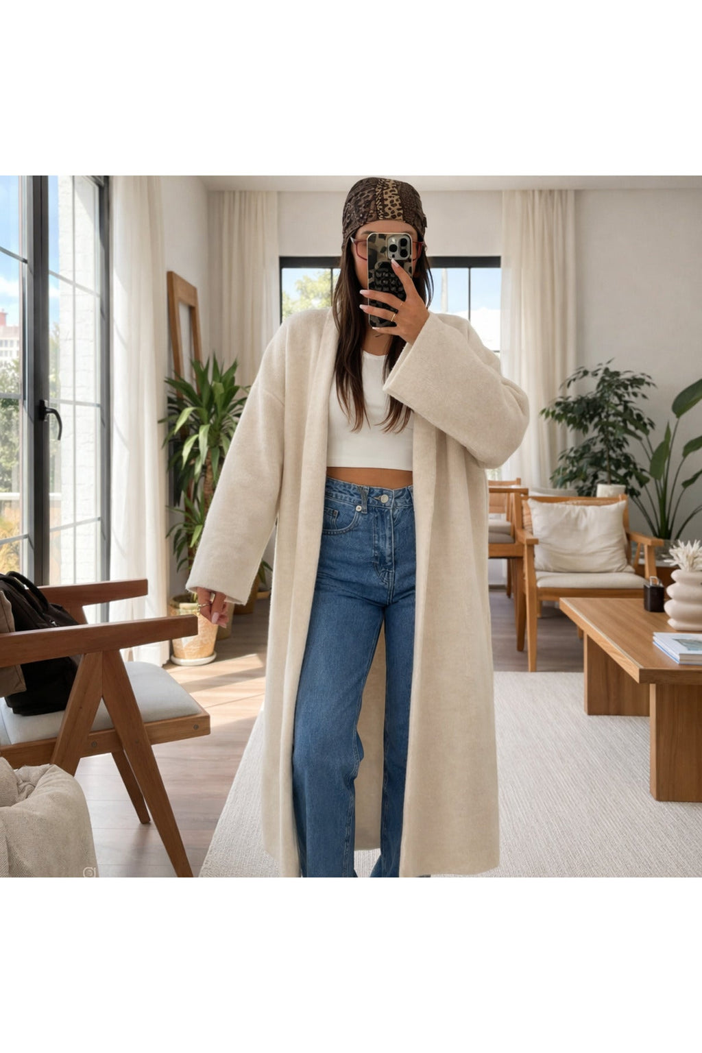 Kadın Şardonlu Uzun Oversize Triko Hırka – Şal Yaka, 120 cm - Bej