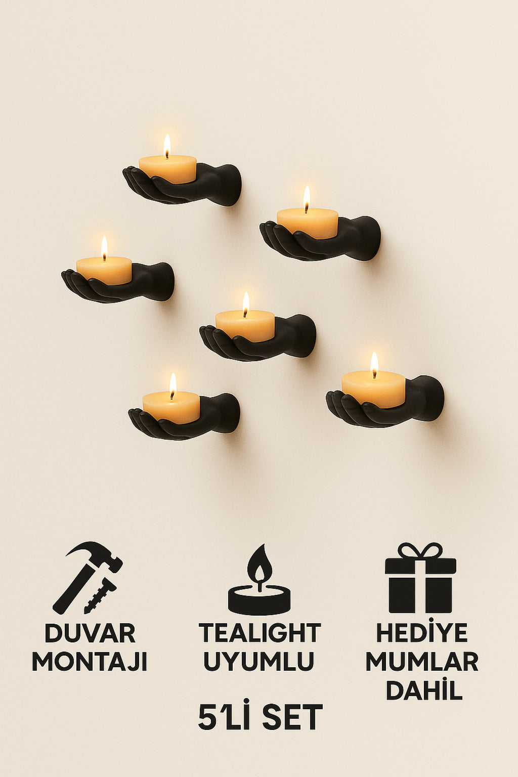 5’li El Figürlü Dekoratif Tealight Mumluk Seti Yapıştırılabilir Hediyelik Mumlar Dahil - Görsel 5
