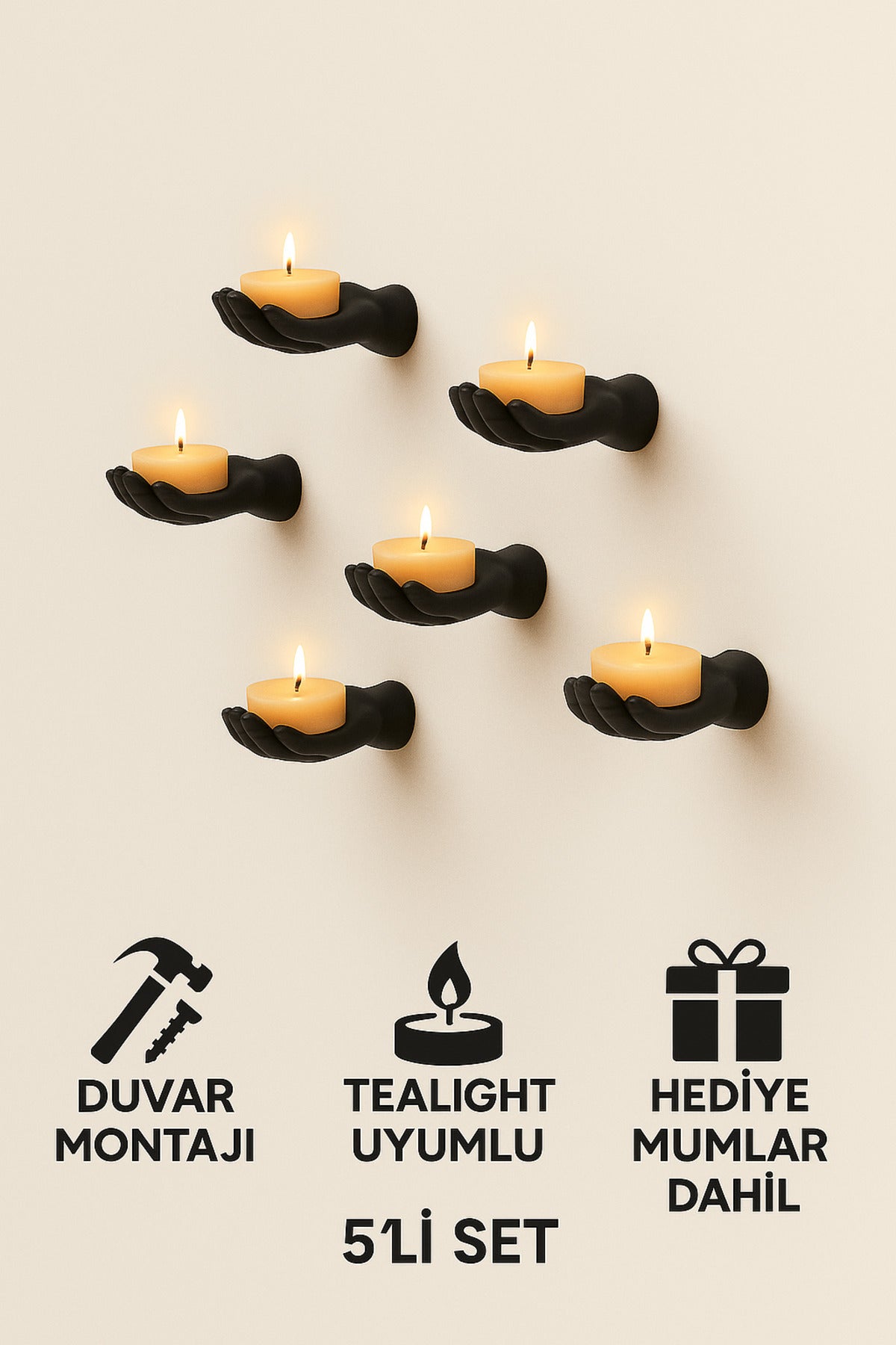 5’li El Figürlü Dekoratif Tealight Mumluk Seti Yapıştırılabilir Hediyelik Mumlar Dahil - Görsel 5