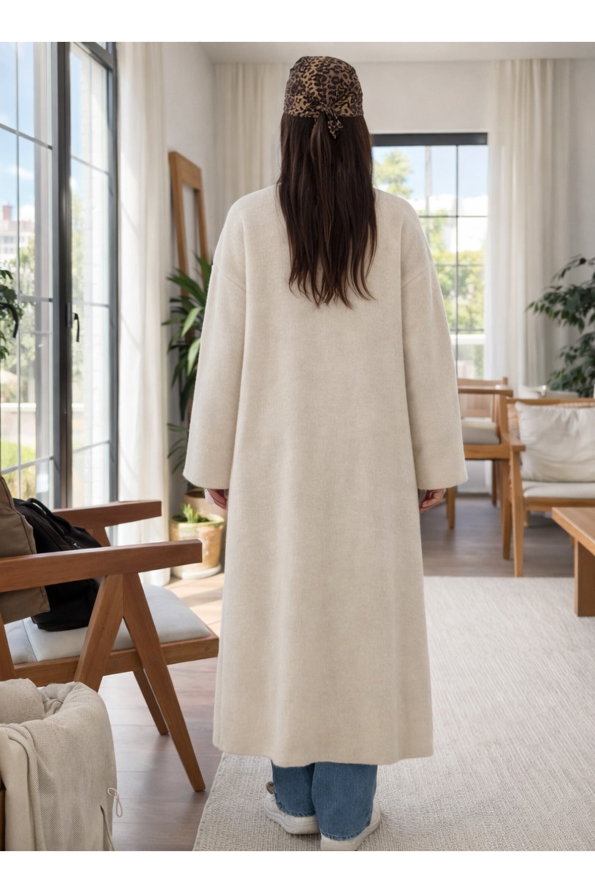 Kadın Şardonlu Uzun Oversize Triko Hırka – Şal Yaka, 120 cm - Bej