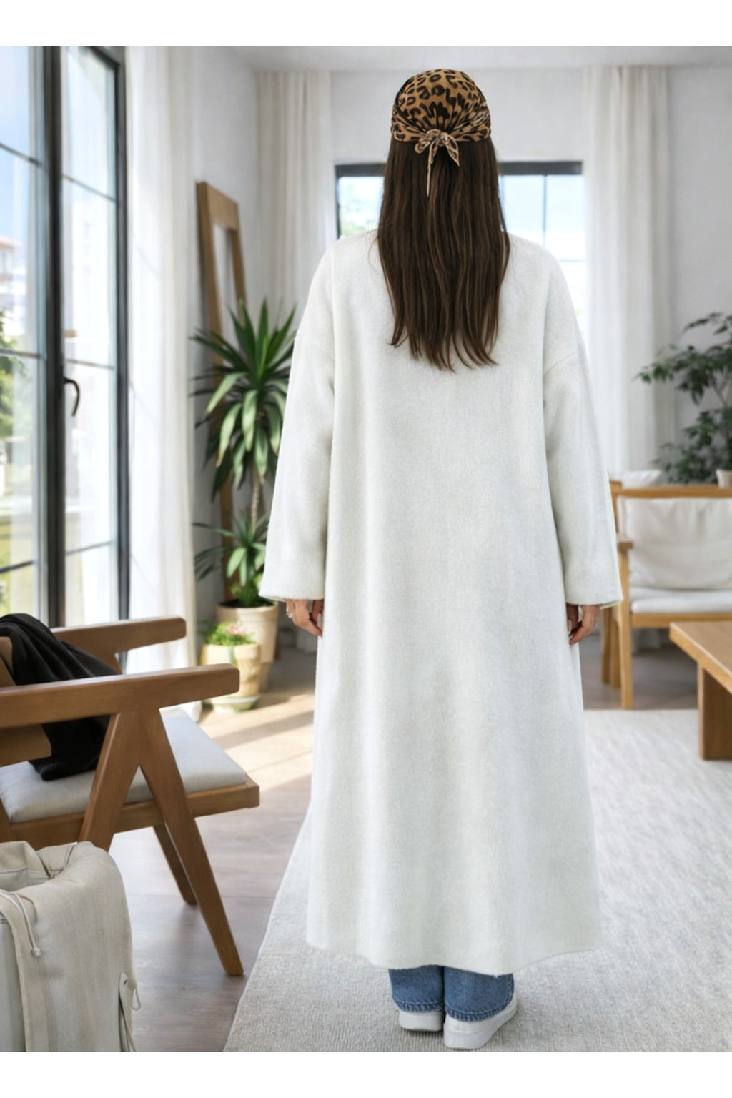 Kadın Şardonlu Uzun Oversize Triko Hırka – Şal Yaka, 120 cm - Beyaz