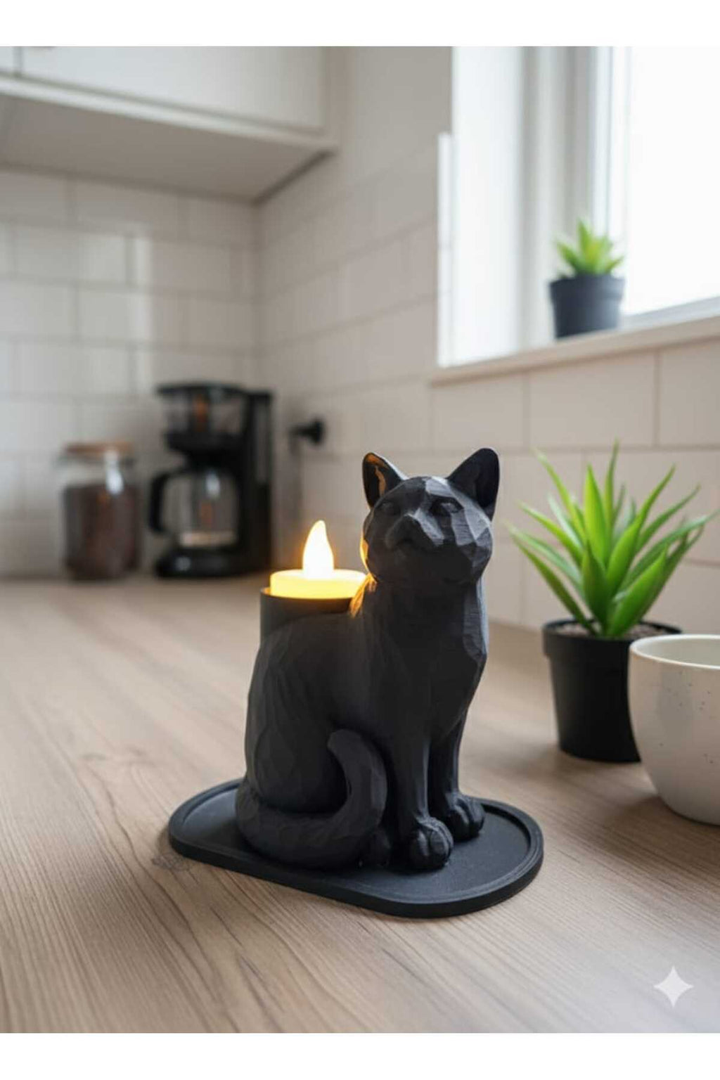 Siyah Mozaik Dekoratif Kedi Biblo Led Mumlu Şık Ev Ofis MasaÜstü Mumluk (Led Mum Hediye) 14 x 12 - Görsel 3