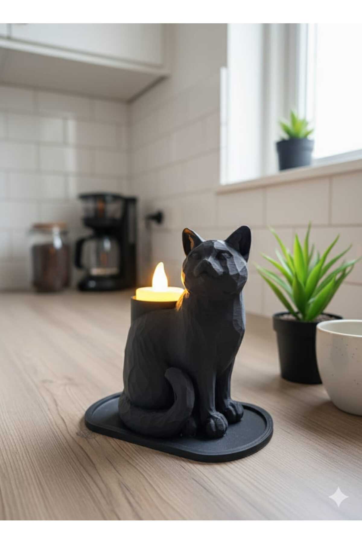 Siyah Mozaik Dekoratif Kedi Biblo Led Mumlu Şık Ev Ofis MasaÜstü Mumluk (Led Mum Hediye) 14 x 12 - Görsel 3