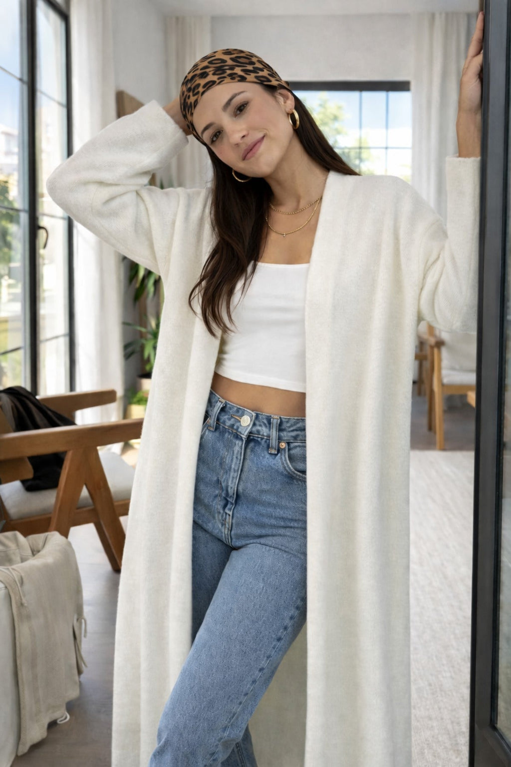 Kadın Şardonlu Uzun Oversize Triko Hırka – Şal Yaka, 120 cm - Beyaz