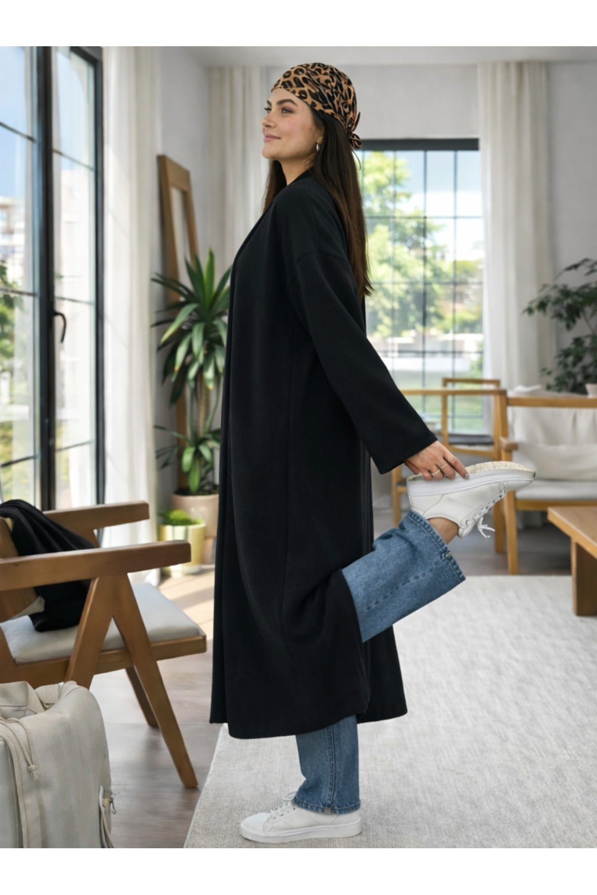 Kadın Şardonlu Uzun Oversize Triko Hırka – Şal Yaka, 120 cm - Siyah