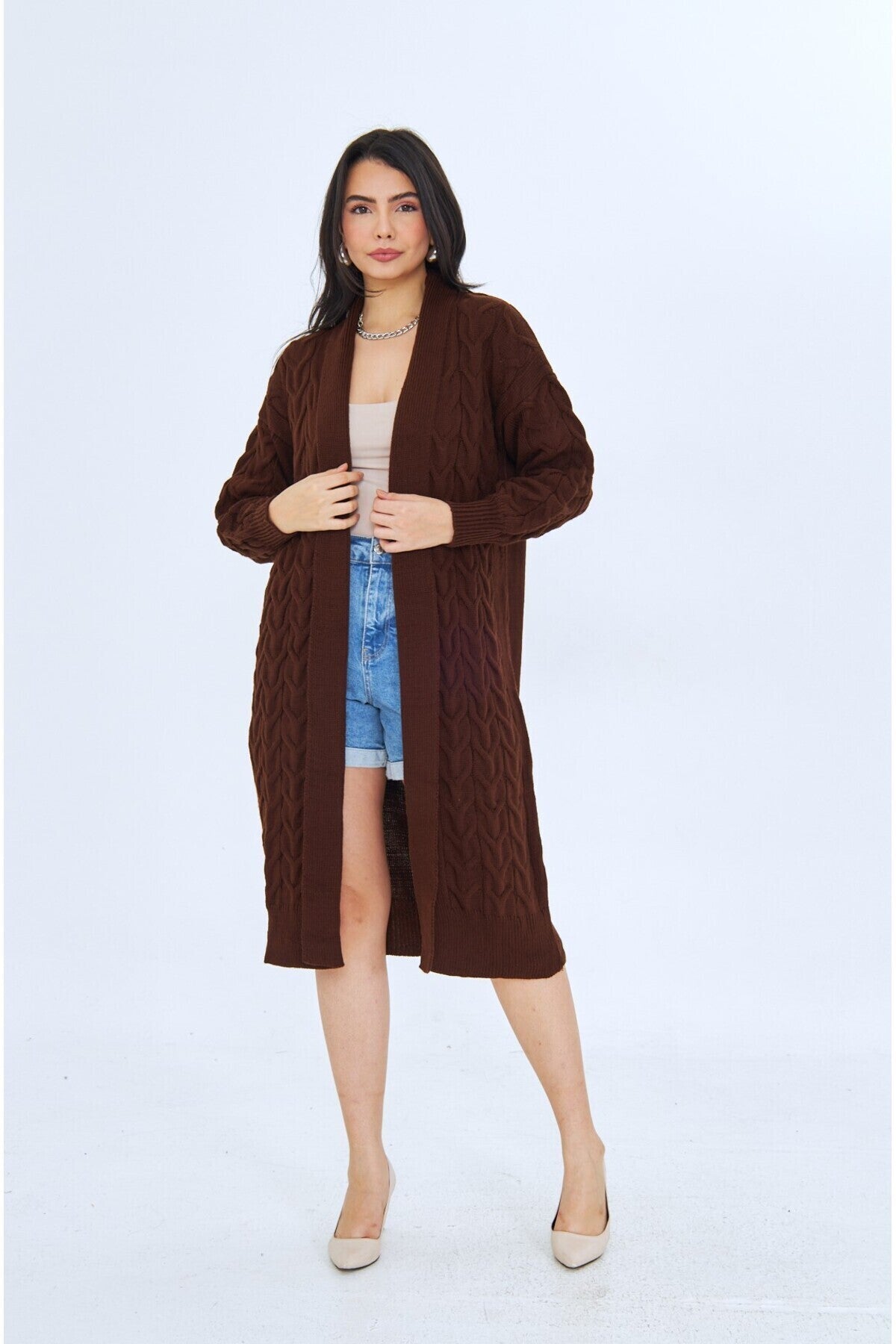 Kadın Kahverengi Uzun Oversize Triko Hırka Kışlık Saç Örgülü Midi Boy