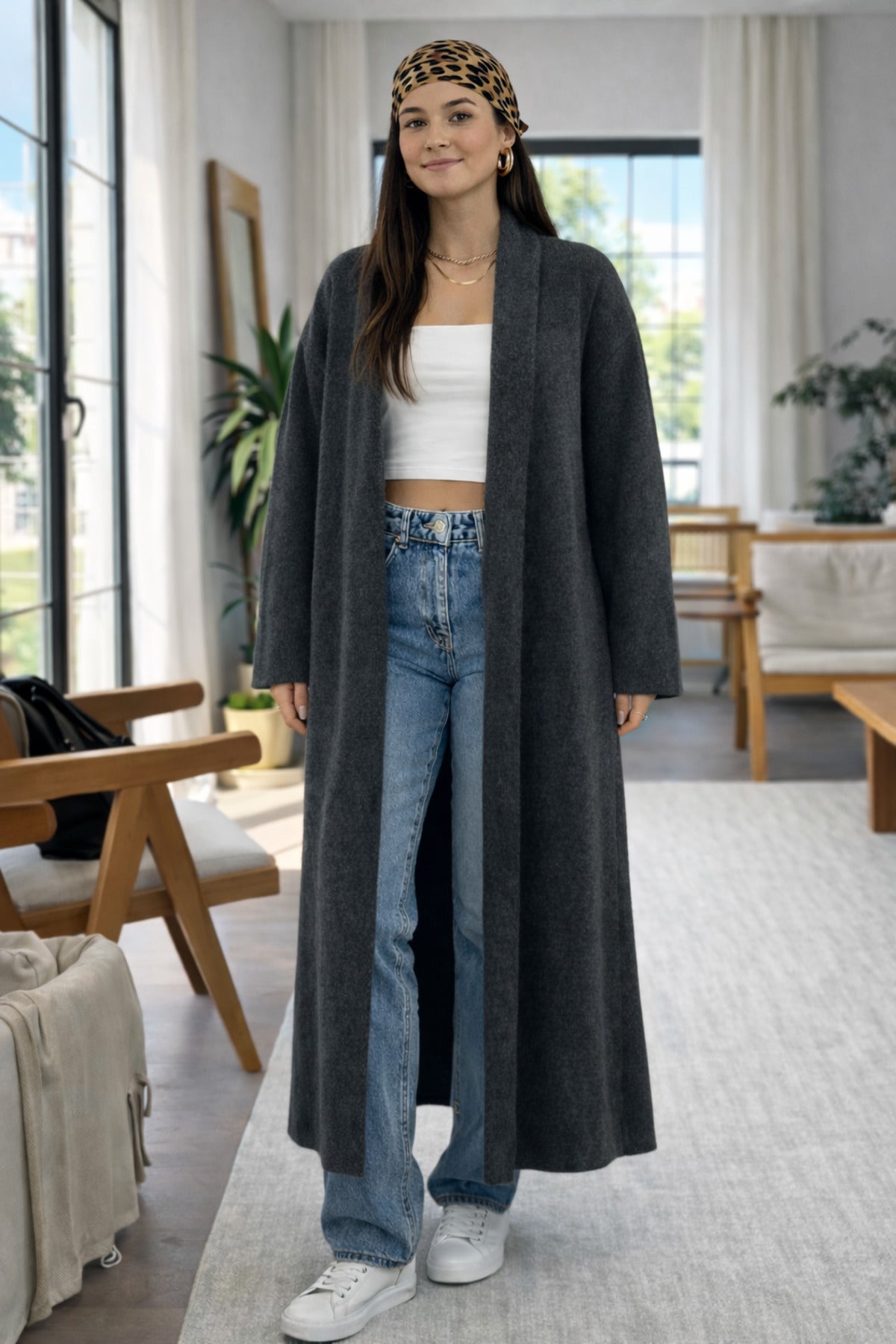 Kadın Şardonlu Uzun Oversize Triko Hırka – Şal Yaka, 120 cm - Antrasit