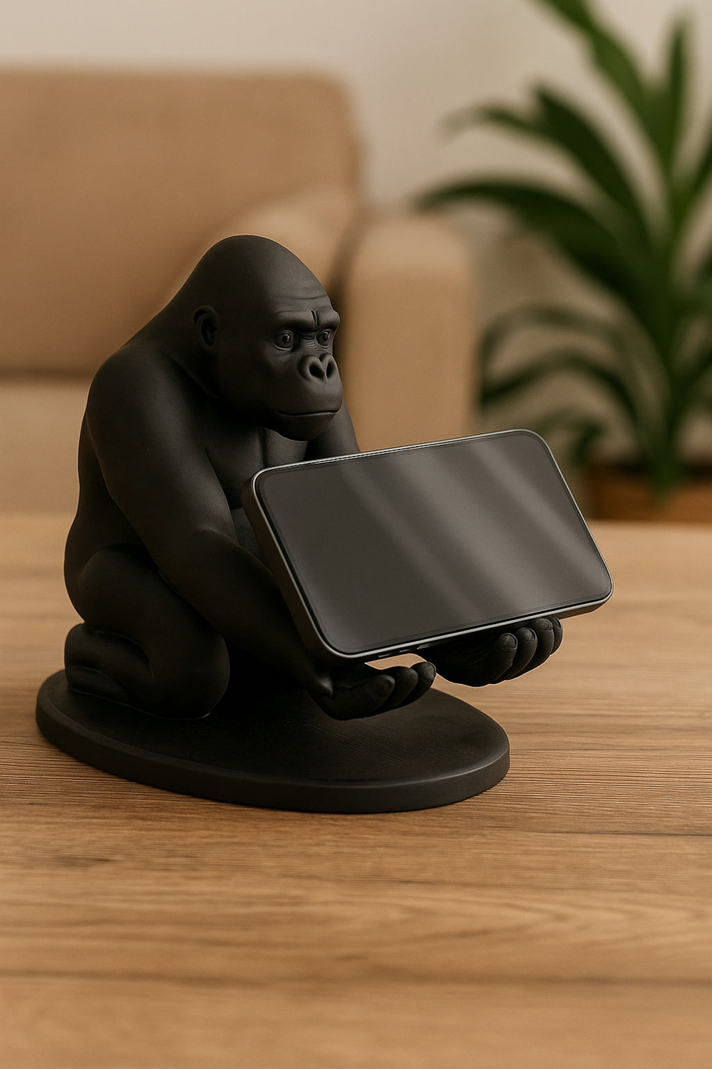 3D Siyah Goril Figürlü Dekoratif Telefon, Tablet Standı, Kalem Tutucu Heykel, Masaüstü Organizer - Görsel 3