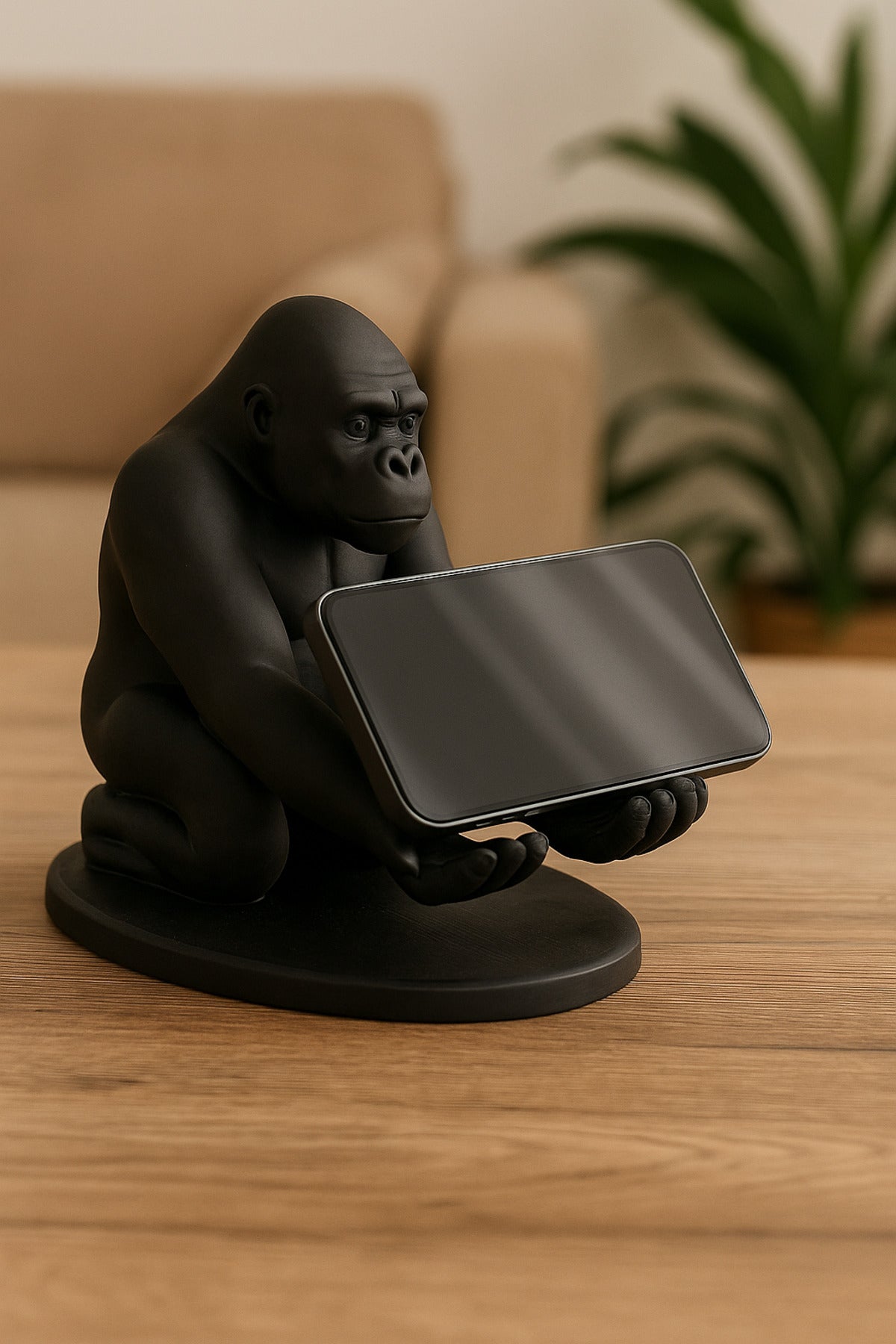 3D Siyah Goril Figürlü Dekoratif Telefon, Tablet Standı, Kalem Tutucu Heykel, Masaüstü Organizer - Görsel 3