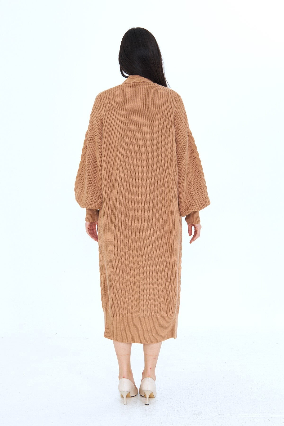 Kadın Bisküvi Saç Örgülü Triko Hırka Kışlık Oversize Midi Boy