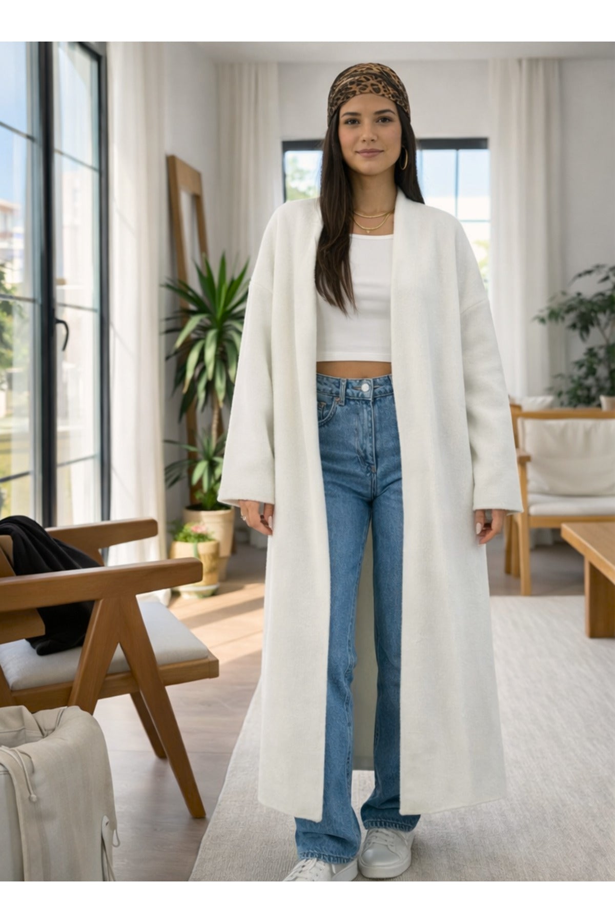 Kadın Şardonlu Uzun Oversize Triko Hırka – Şal Yaka, 120 cm - Beyaz
