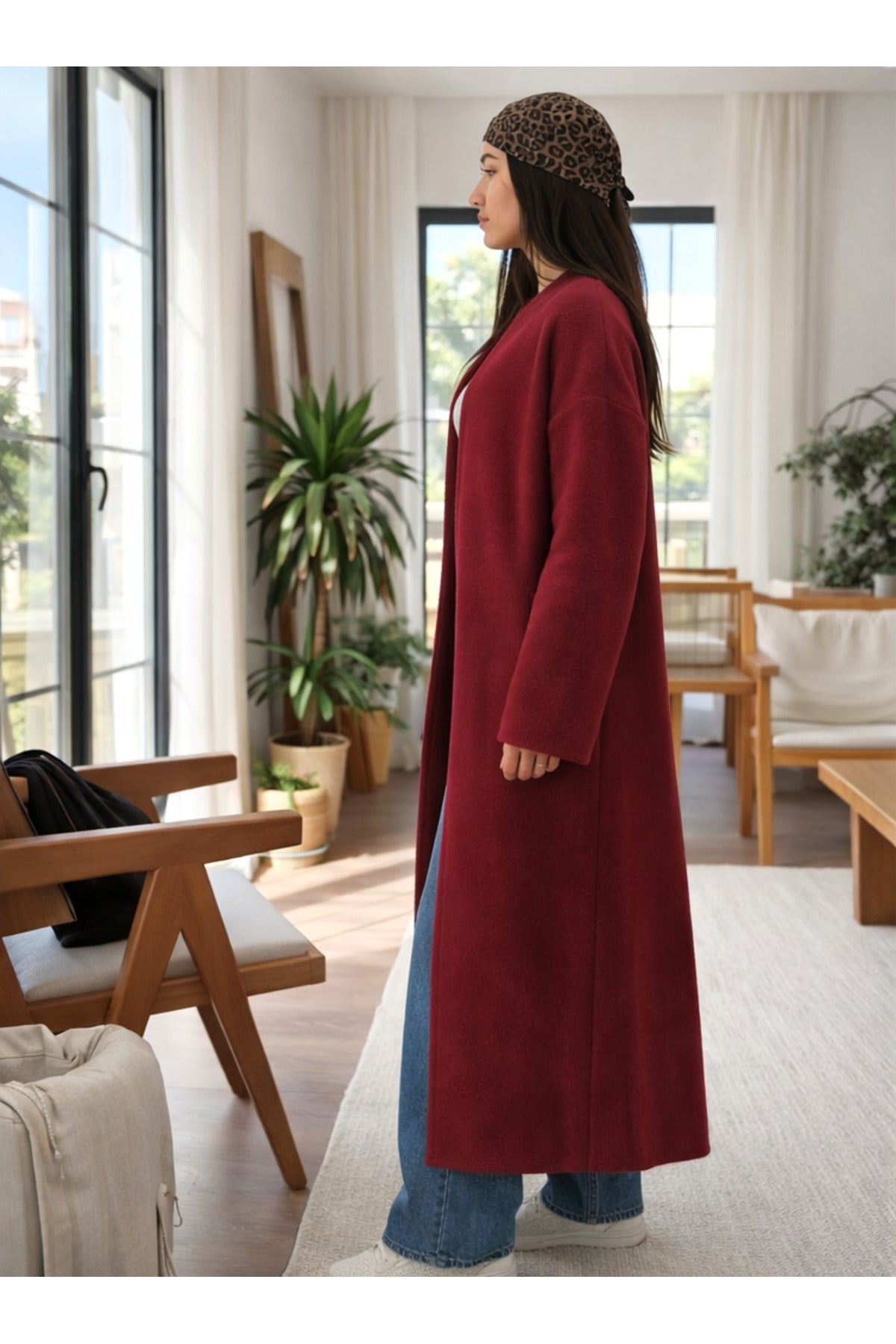 Kadın Şardonlu Uzun Oversize Triko Hırka – Şal Yaka, 120 cm - Bordo