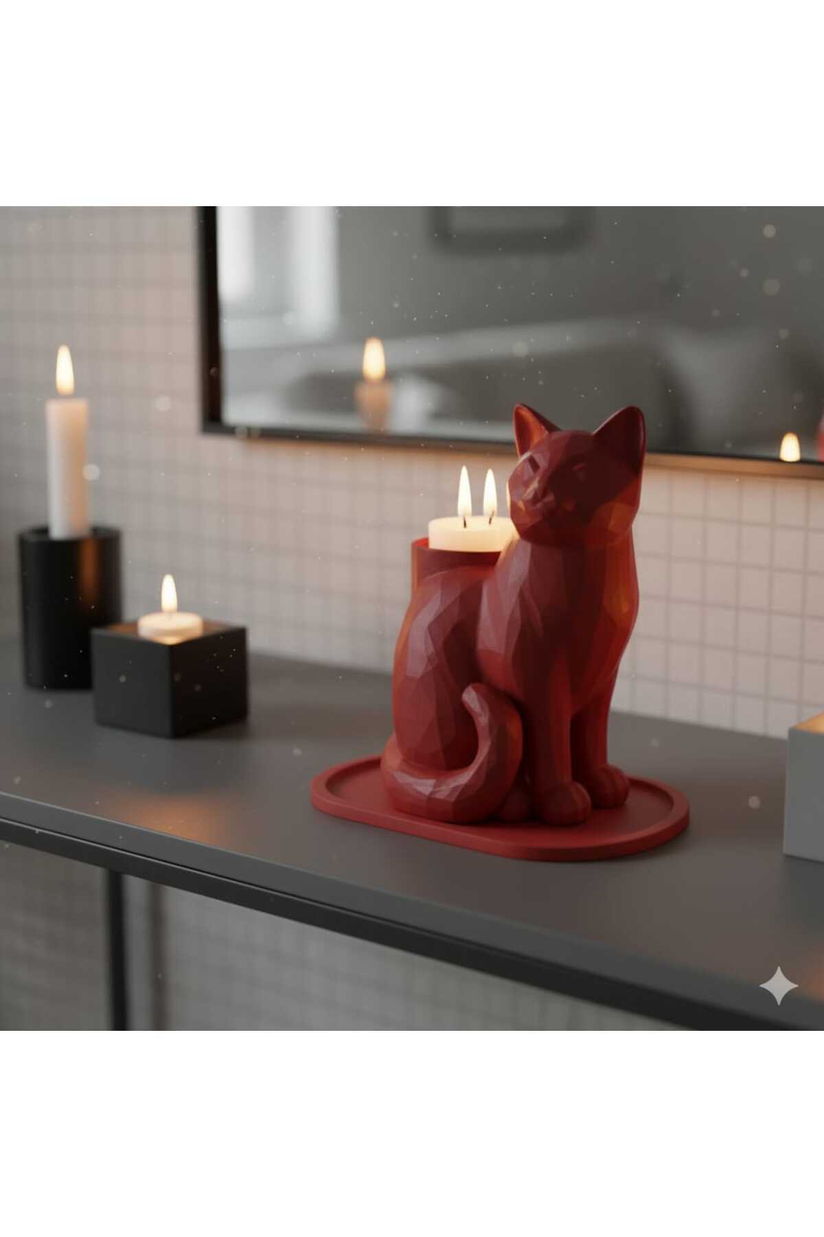 Kırmızı Mozaik Dekoratif Kedi Biblo Led Mumlu Şık Ev Ofis Masa Üstü Aksesuar Mumluk (led Mum Hediye) - Görsel 4