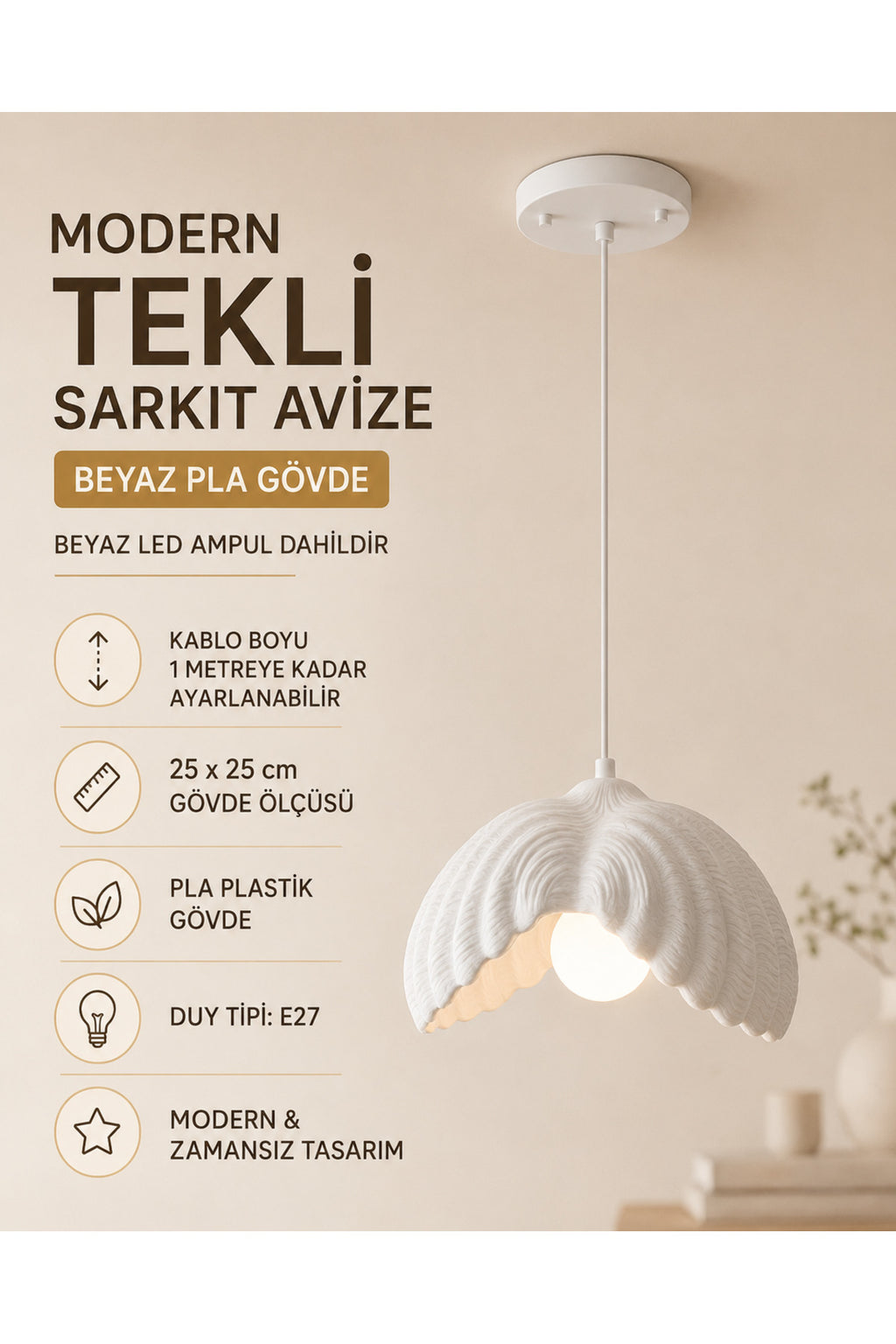 Tekli Beton Dokulu İstiridye Sarkıt Avize, 3D Baskı PLA Gövde, 25 cm, E27 Ampul Dahil - Beyaz - Görsel 2