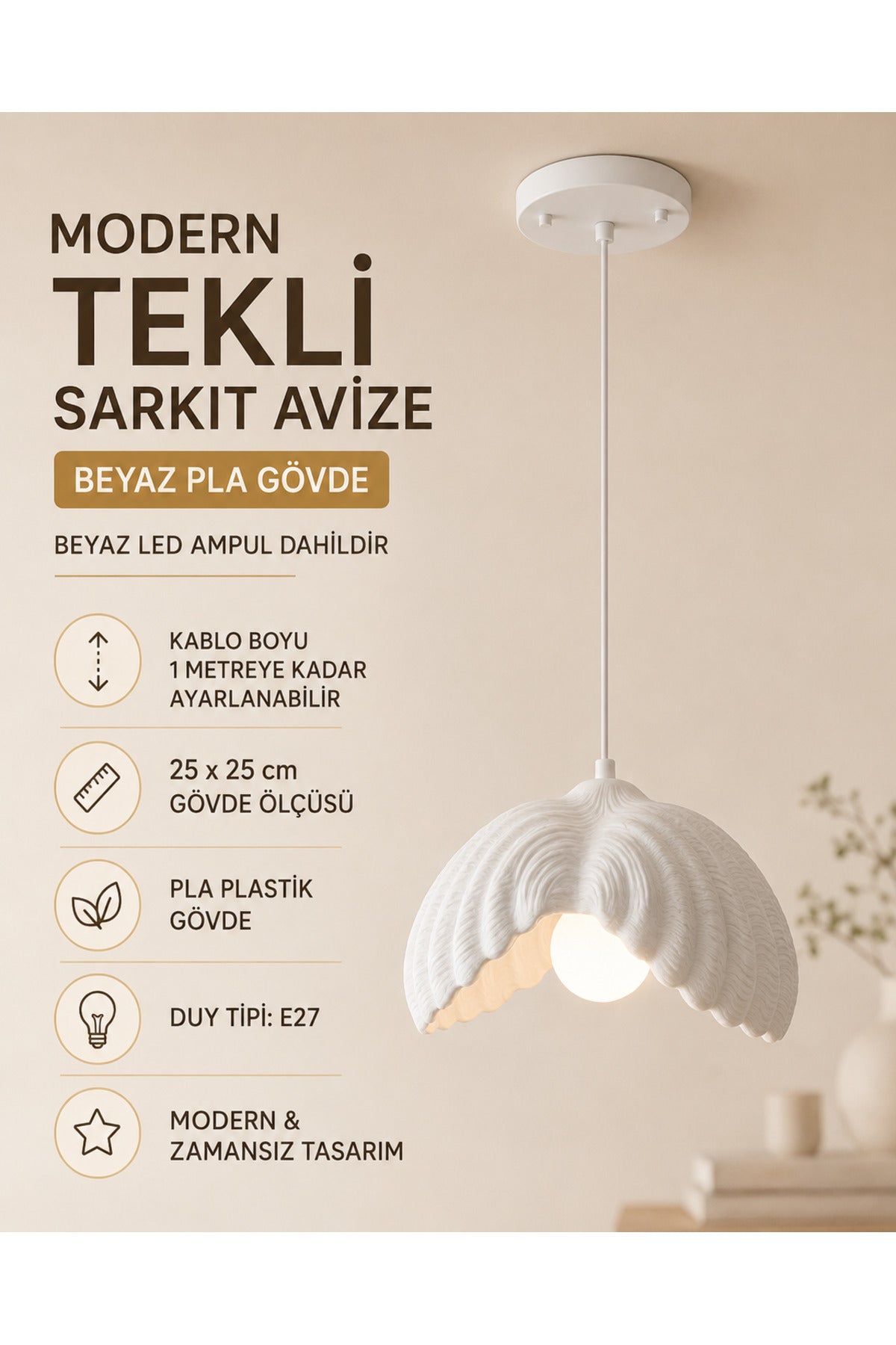 Tekli Beton Dokulu İstiridye Sarkıt Avize, 3D Baskı PLA Gövde, 25 cm, E27 Ampul Dahil - Beyaz - Görsel 2