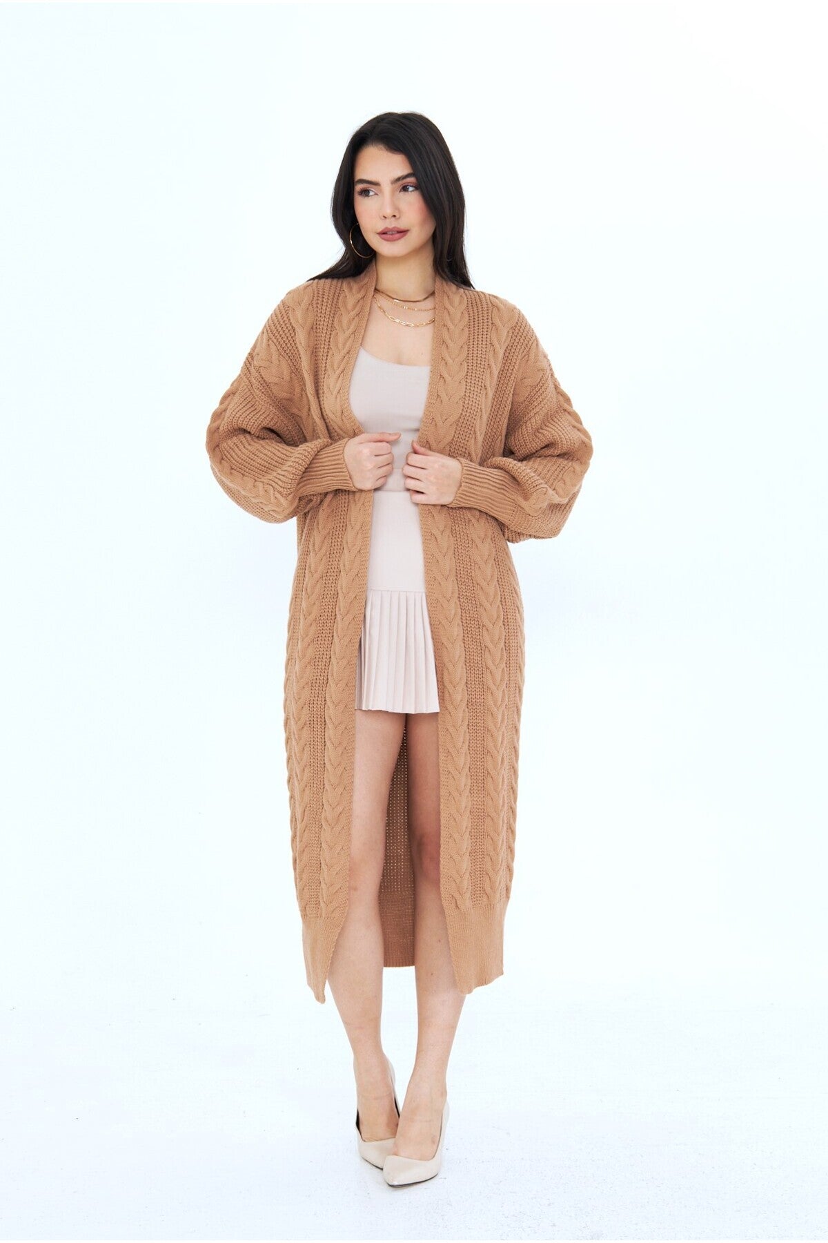 Kadın Bisküvi Saç Örgülü Triko Hırka Kışlık Oversize Midi Boy