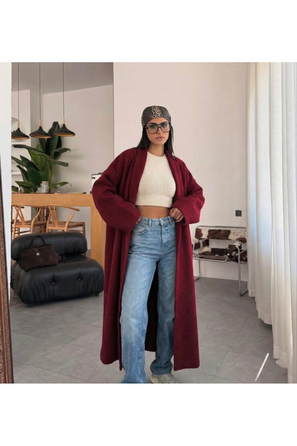 Kadın Şardonlu Uzun Oversize Triko Hırka – Şal Yaka, 120 cm - Bordo