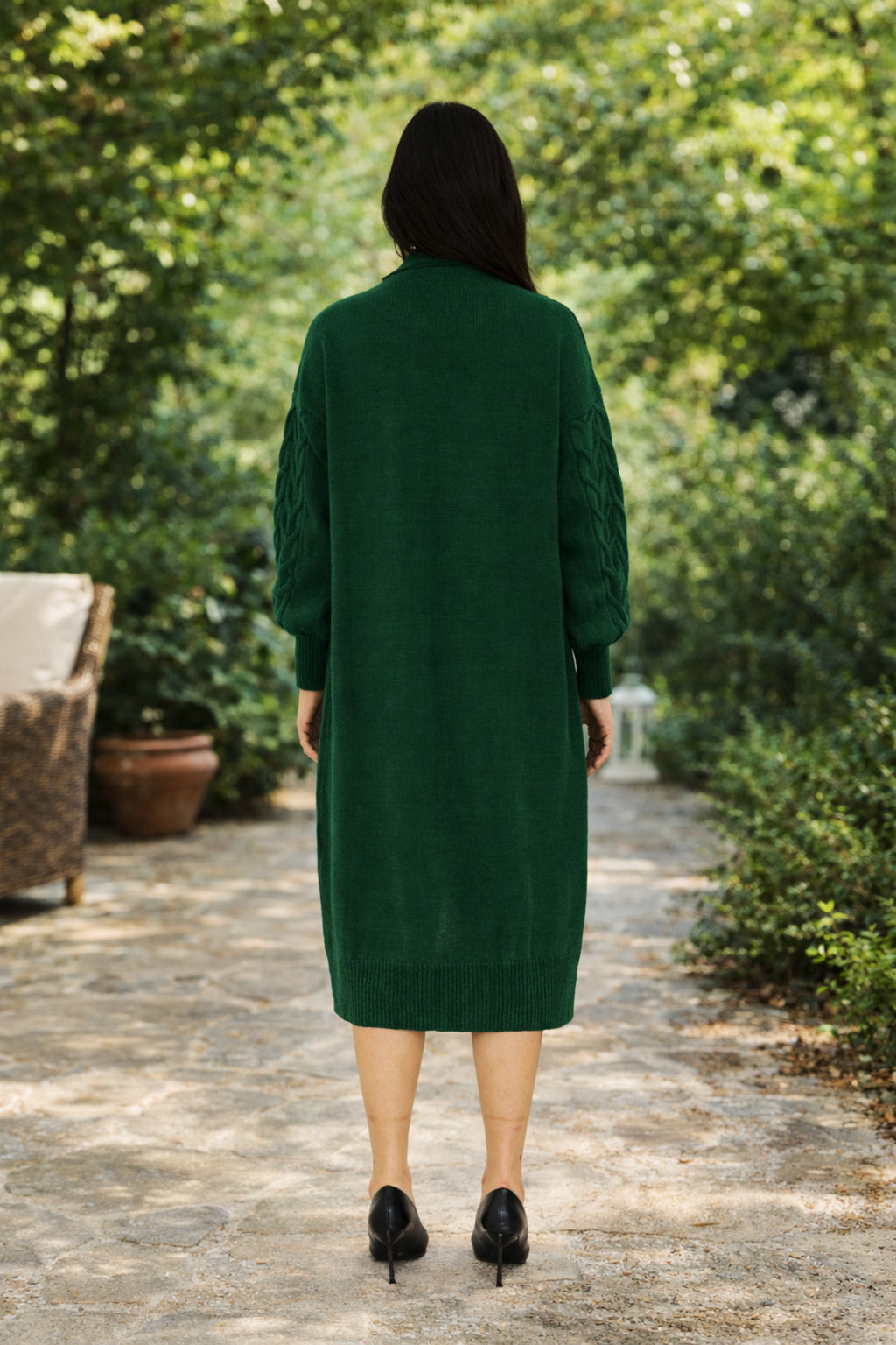 Kadın Uzun Oversize Triko Hırka – Saç Örgüsü Detaylı, Yün/Akrilik Karışım - Yeşil