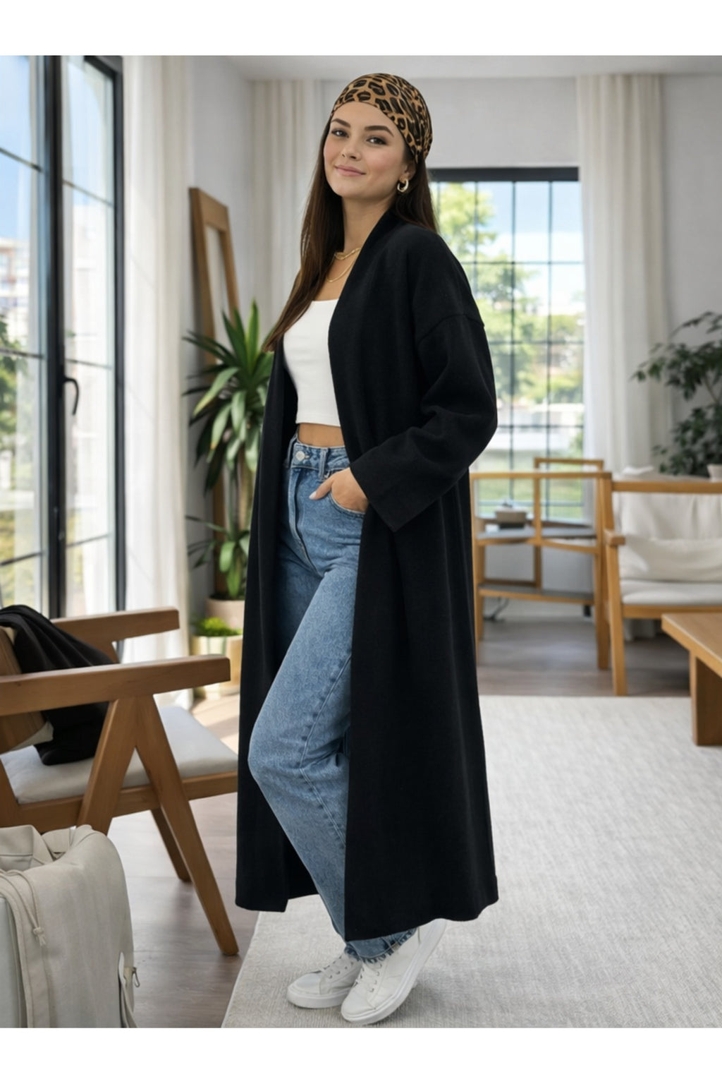 Kadın Şardonlu Uzun Oversize Triko Hırka – Şal Yaka, 120 cm - Siyah