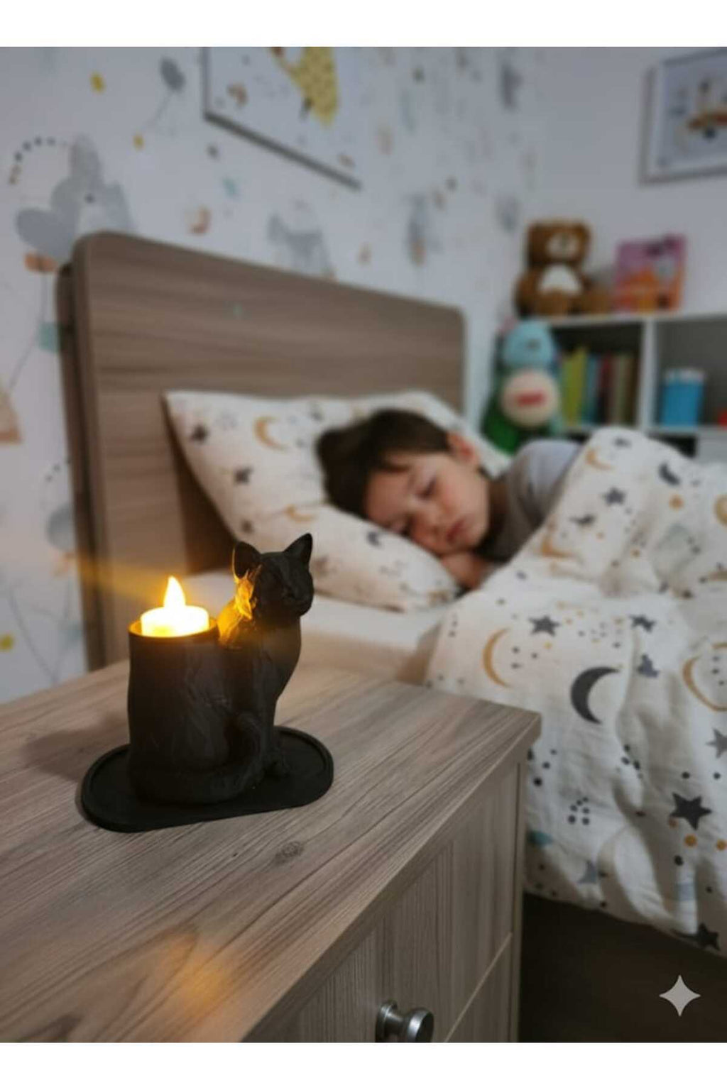 Siyah Mozaik Dekoratif Kedi Biblo Led Mumlu Şık Ev Ofis MasaÜstü Mumluk (Led Mum Hediye) 14 x 12