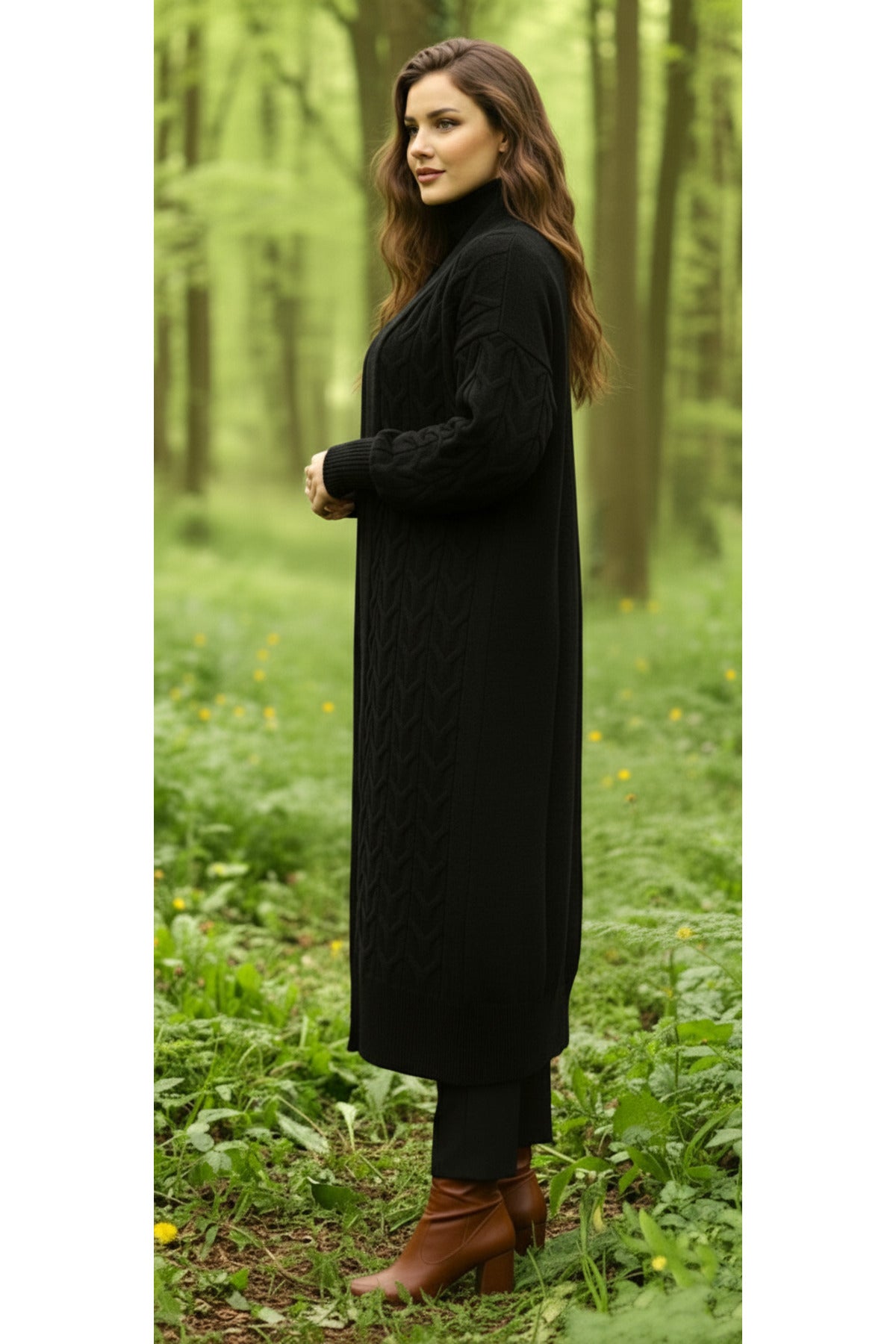 Kadın Uzun Oversize Triko Hırka – Saç Örgüsü Detaylı, 120 cm - Siyah