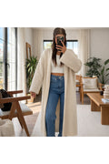 Kadın Şardonlu Uzun Oversize Triko Hırka – Şal Yaka, 120 cm - Bej