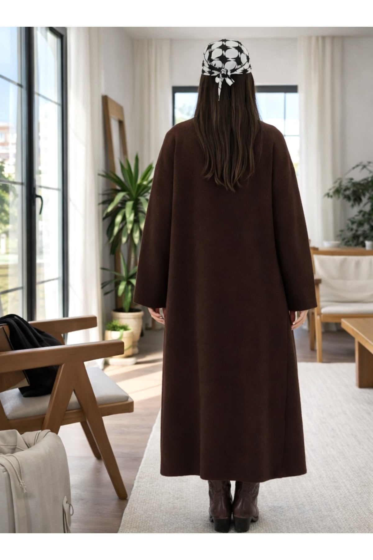 Kadın Şardonlu Uzun Oversize Triko Hırka – Şal Yaka, 120 cm - Kahverengi