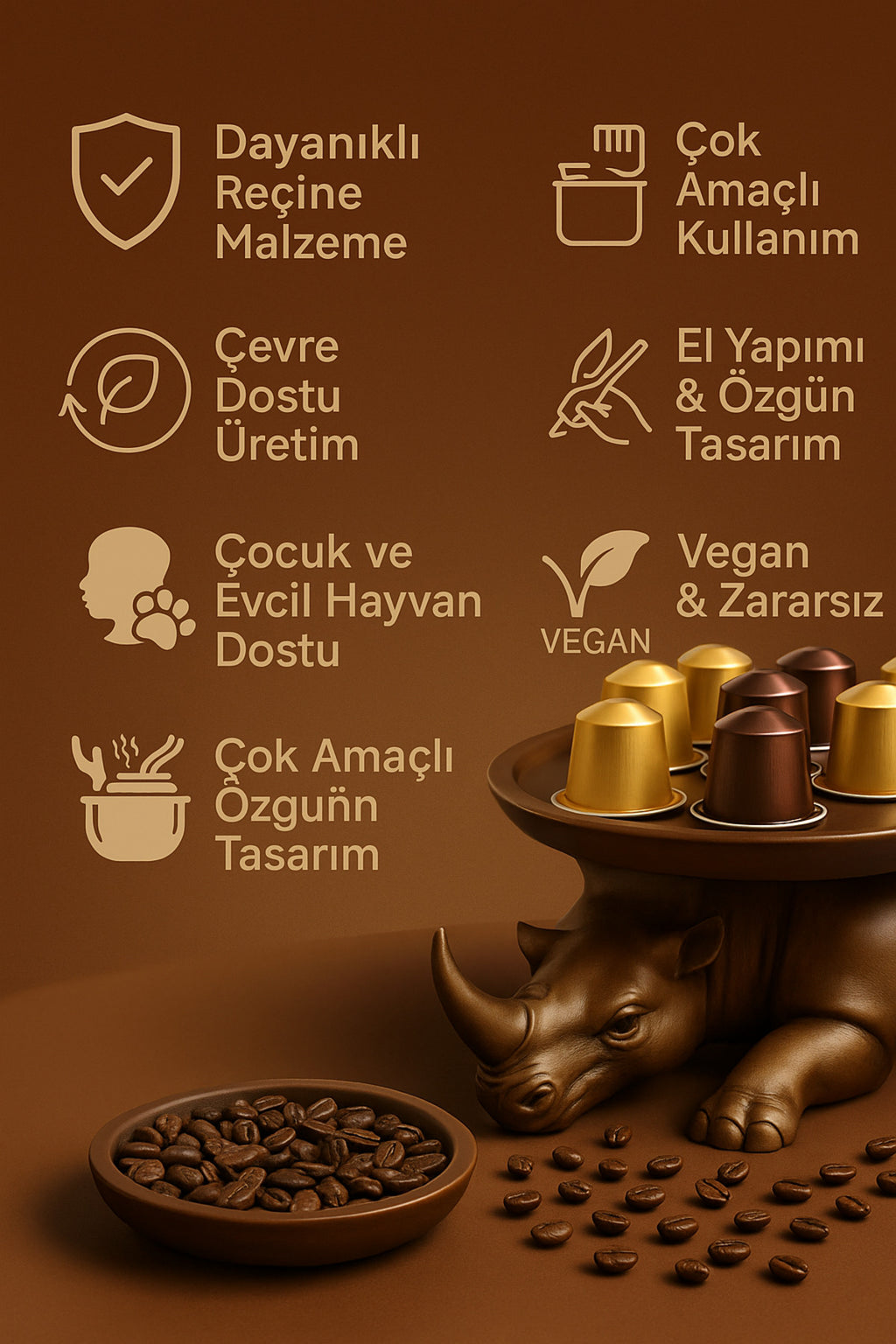 Dekoratif Gergedan Sunumluk Çok Amaçlı Pratik Ev Gereçleri Kahve (Vegan Üretim) - Görsel 5