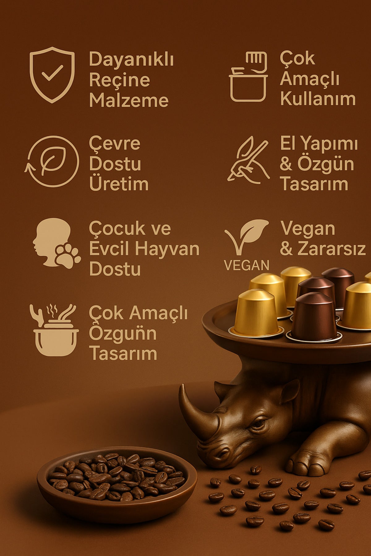 Dekoratif Gergedan Sunumluk Çok Amaçlı Pratik Ev Gereçleri Kahve (Vegan Üretim) - Görsel 5