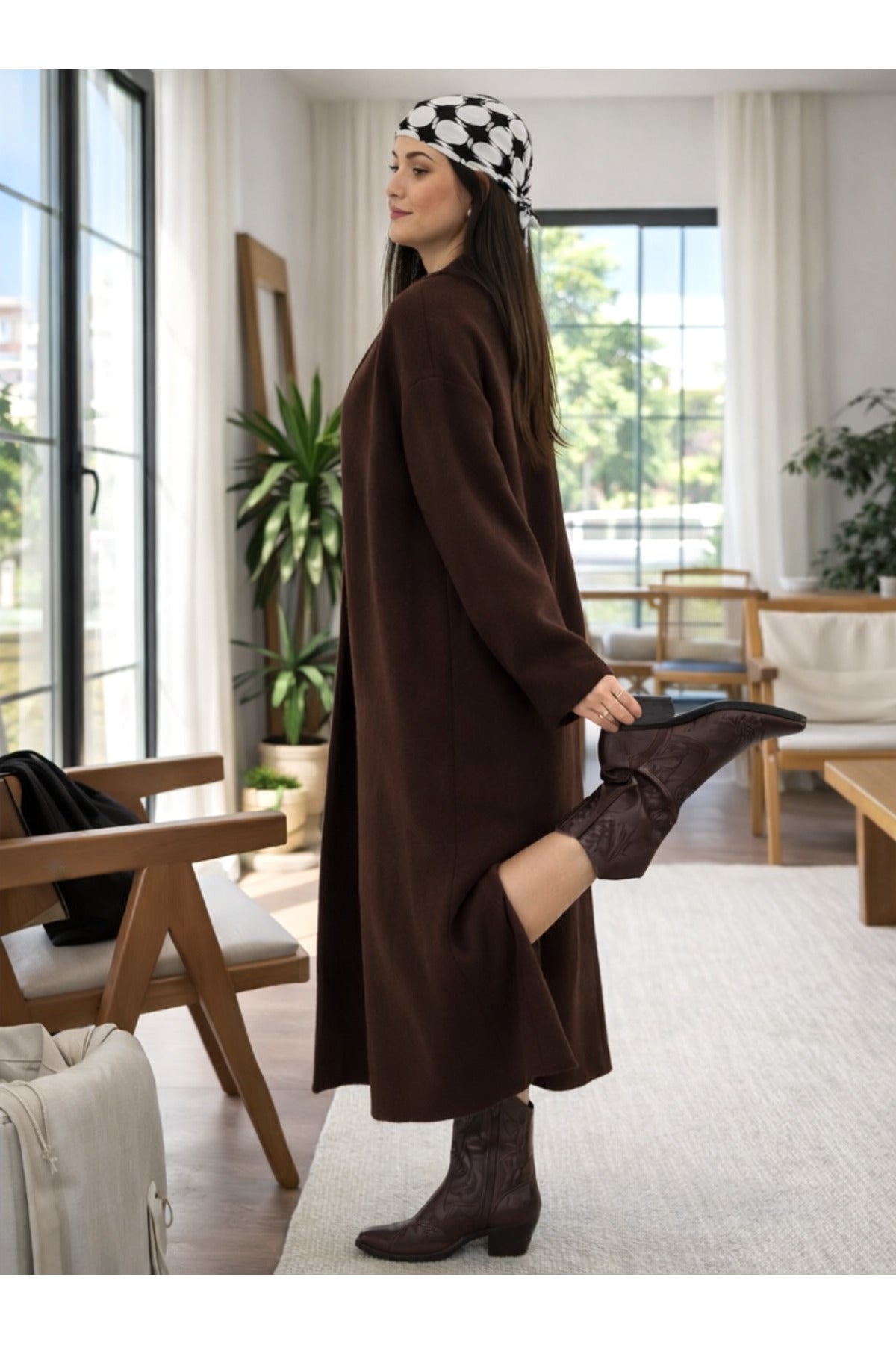 Kadın Şardonlu Uzun Oversize Triko Hırka – Şal Yaka, 120 cm - Kahverengi