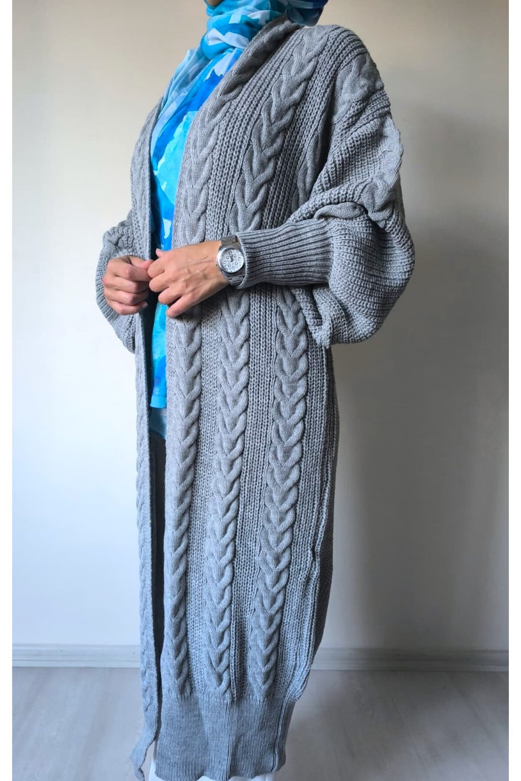 Kadın Gri Uzun Oversize Triko Hırka Kışlık Saç Örgülü Midi Boy