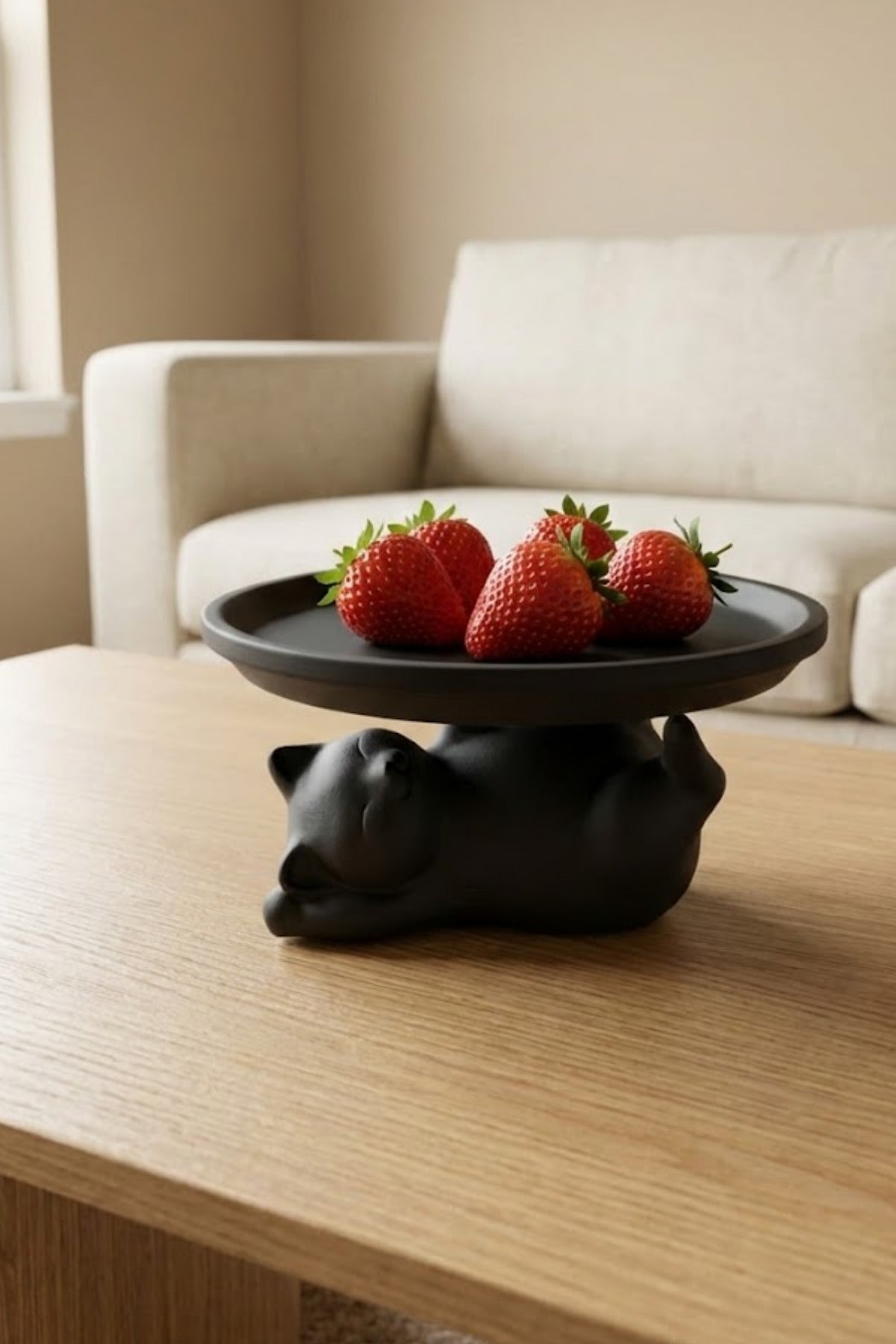 3D Siyah Kedi Figürlü Dekoratif Sunum Standı 17 cm Yükseltilmiş Masaüstü Tabak Siyah
