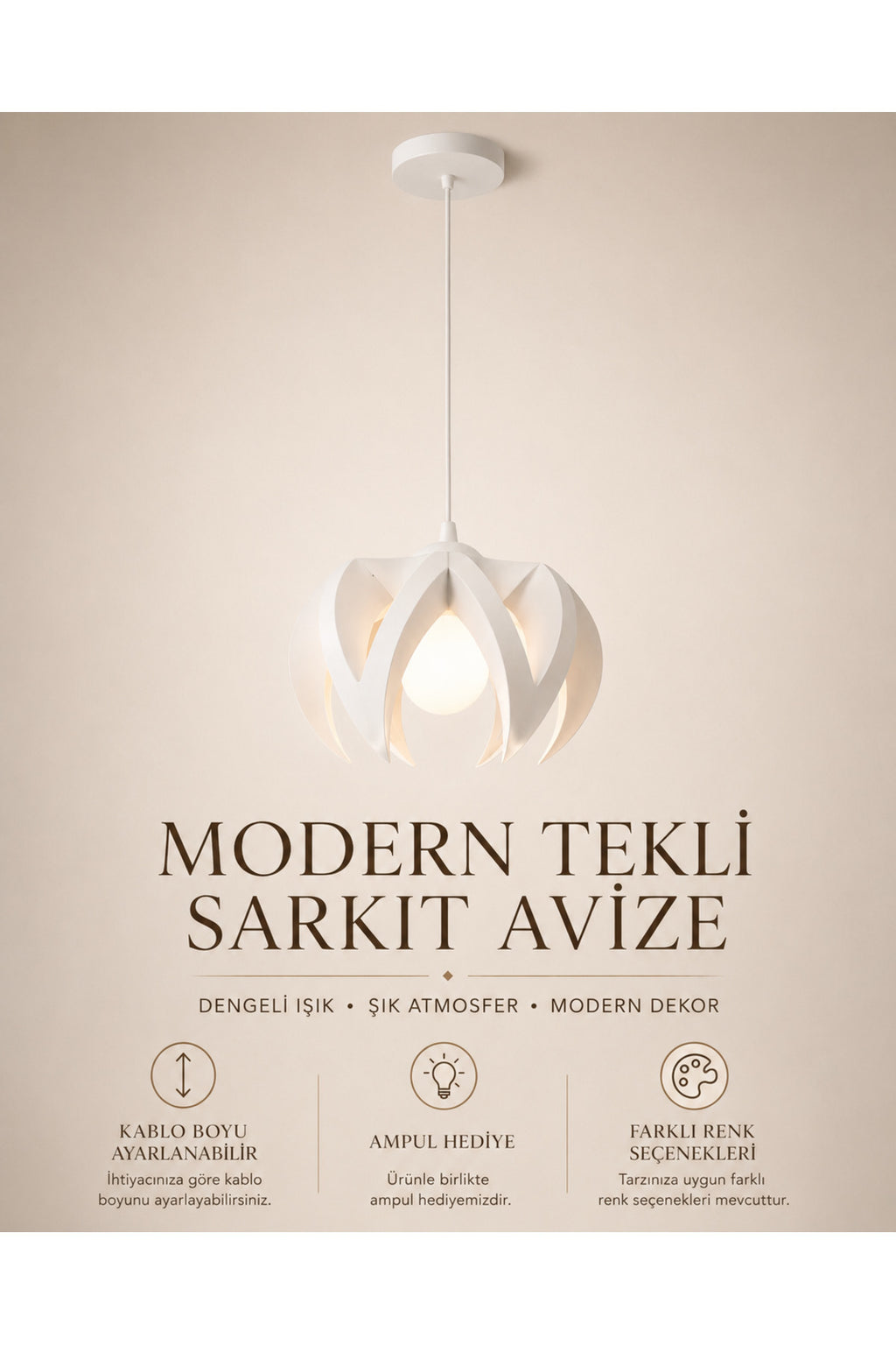Tekli Beton Dokulu Yaprak Sarkıt Avize, 3D Baskı PLA Gövde, 25 cm, E27 Ampul Dahil - Siyah - Görsel 2