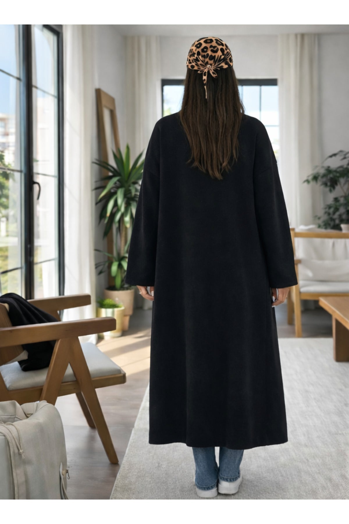 Kadın Şardonlu Uzun Oversize Triko Hırka – Şal Yaka, 120 cm - Siyah