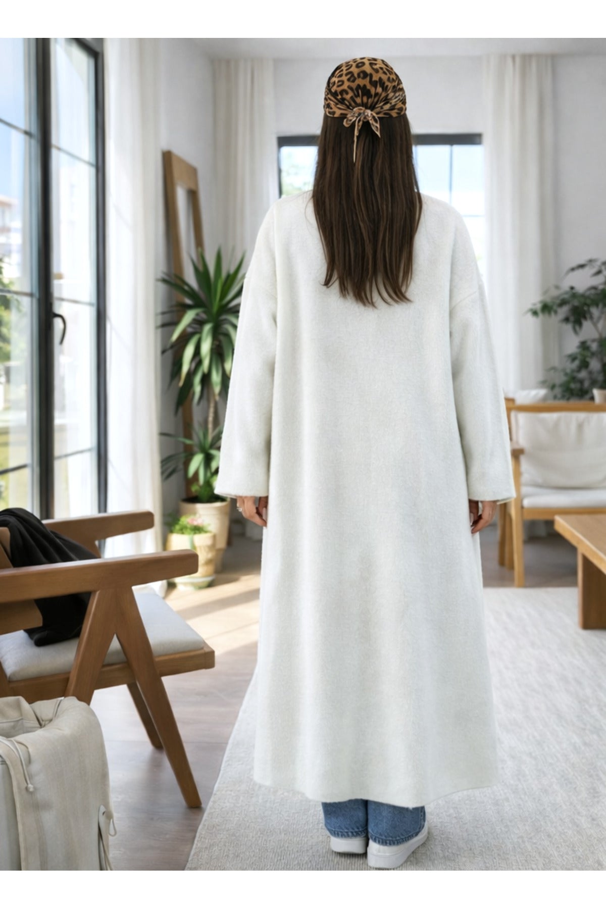 Kadın Şardonlu Uzun Oversize Triko Hırka – Şal Yaka, 120 cm - Beyaz