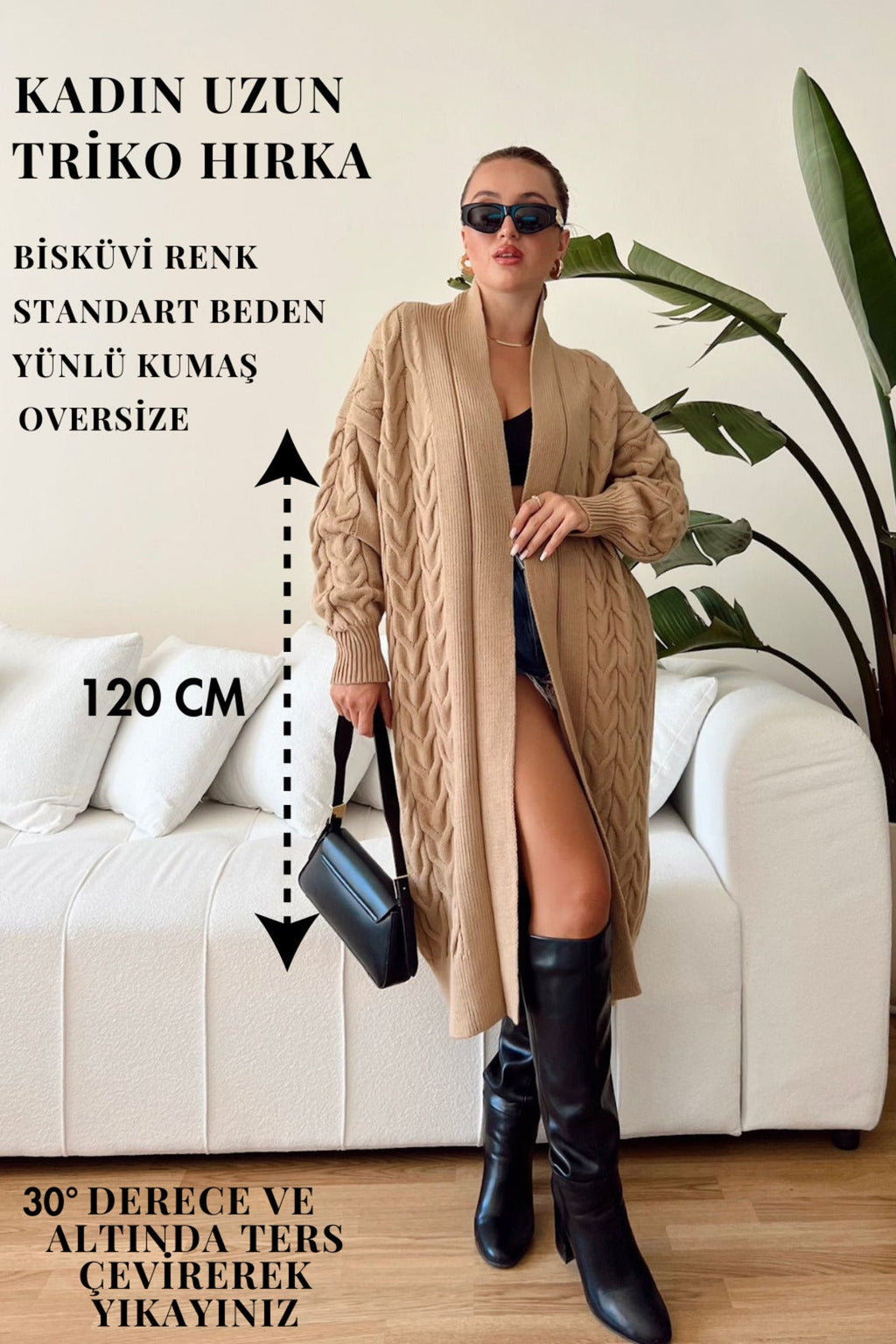 Kadın Uzun Oversize Triko Hırka – Saç Örgüsü Detaylı, Yün/Akrilik Karışım - Bisküvi