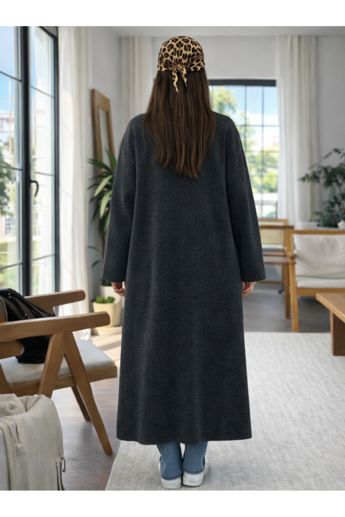 Kadın Şardonlu Uzun Oversize Triko Hırka – Şal Yaka, 120 cm - Antrasit