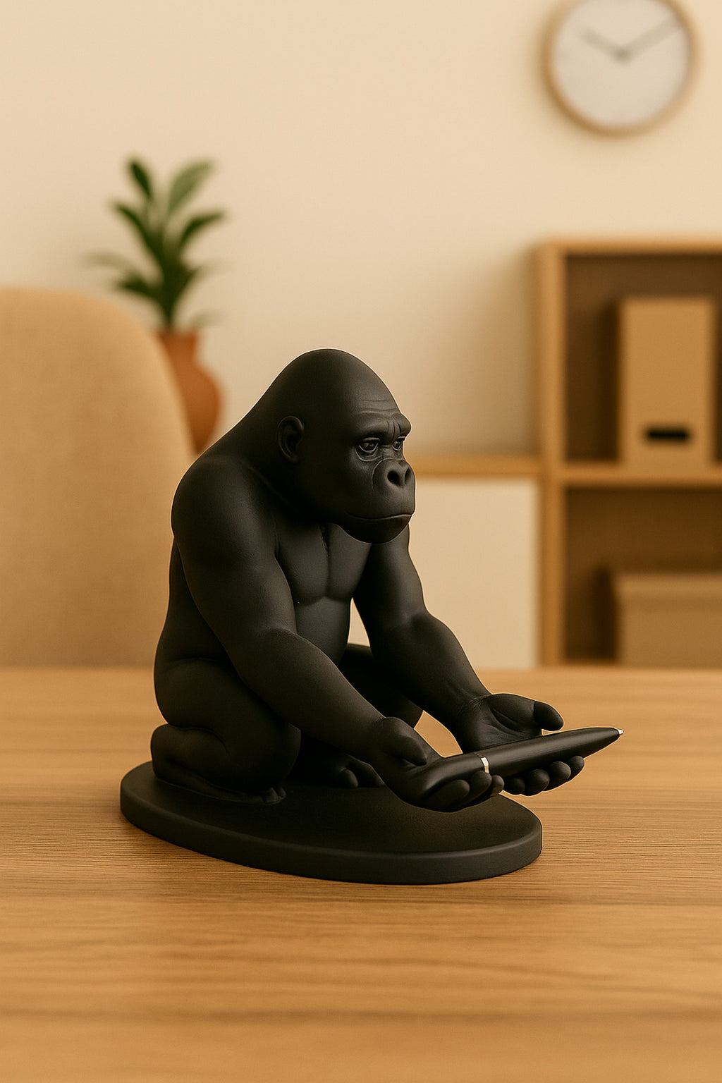 3D Siyah Goril Figürlü Dekoratif Telefon, Tablet Standı, Kalem Tutucu Heykel, Masaüstü Organizer - Görsel 5