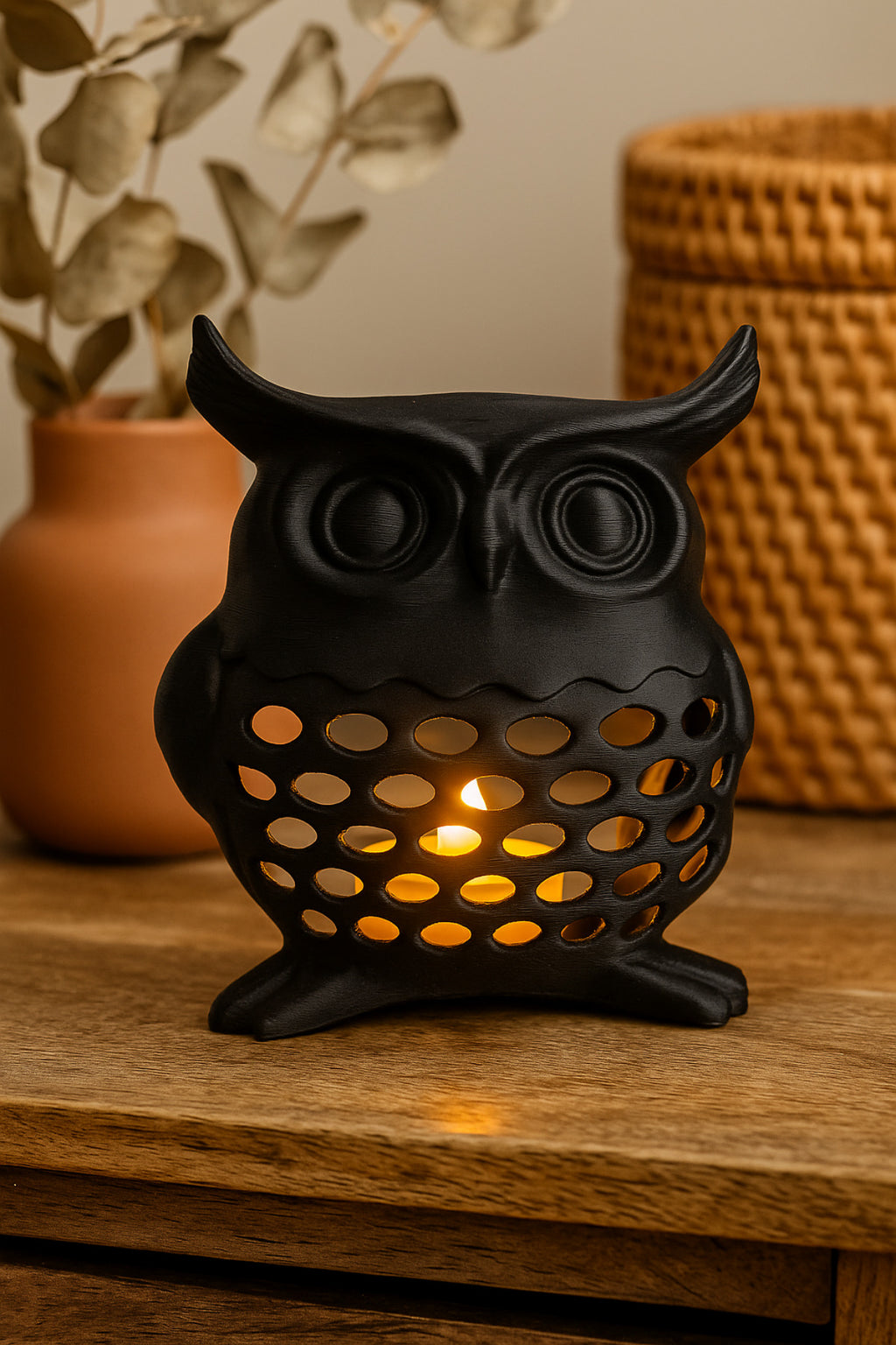 3D Dekoratif Baykuş Mumluk, Tealight Mumluk, Bohem Rustik Ev Dekoru, Hediyelik Romantik Aydınlatma - Görsel 3