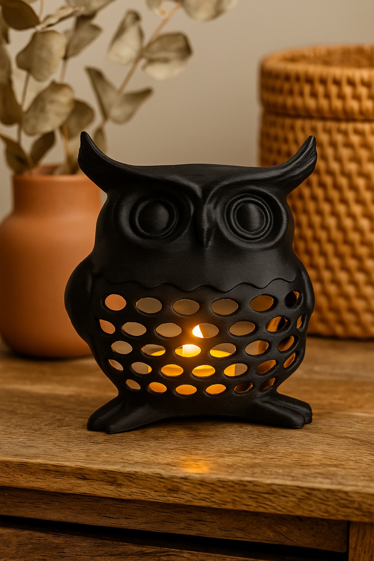 3D Dekoratif Baykuş Mumluk, Tealight Mumluk, Bohem Rustik Ev Dekoru, Hediyelik Romantik Aydınlatma - Görsel 3