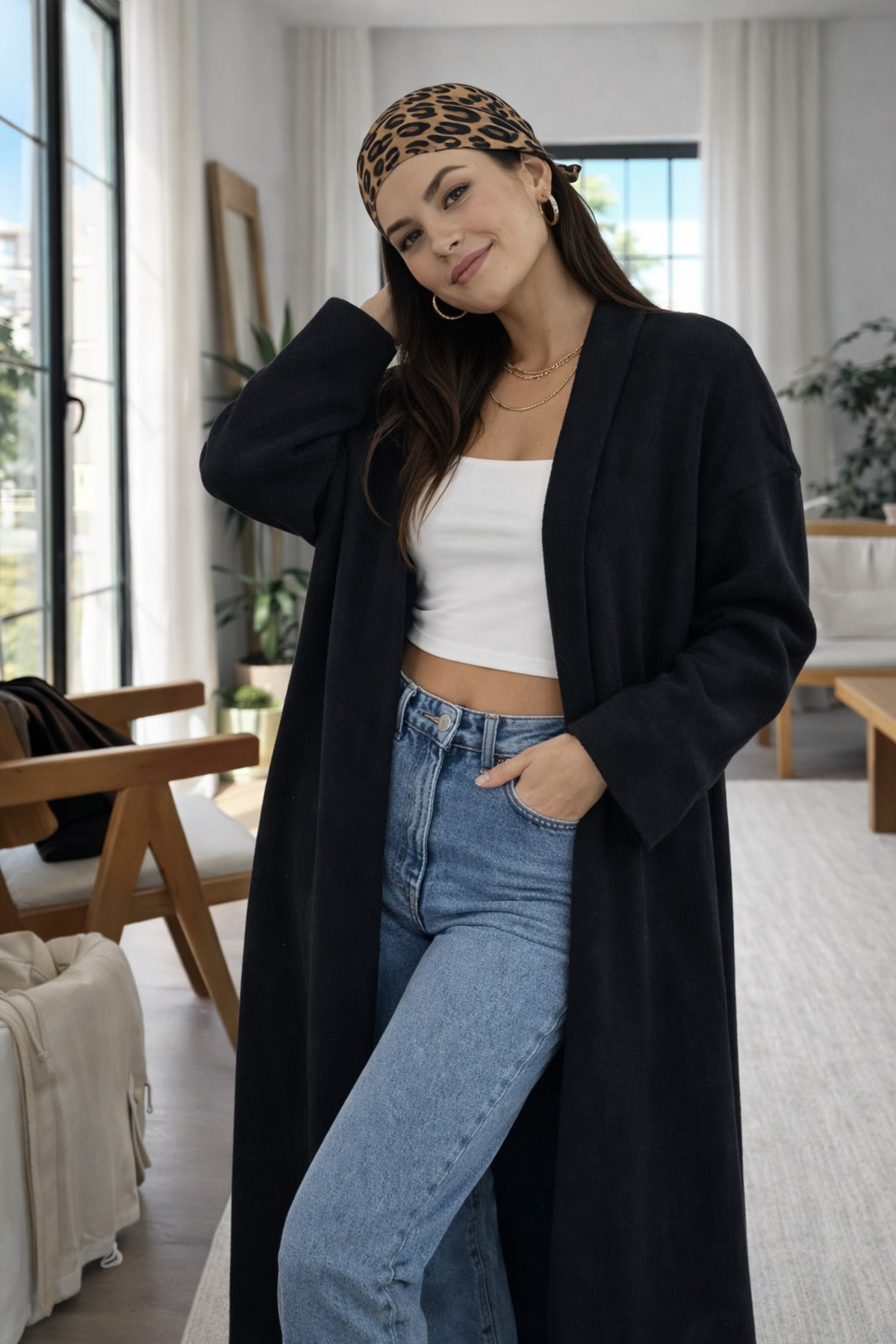 Kadın Şardonlu Uzun Oversize Triko Hırka – Şal Yaka, 120 cm - Siyah
