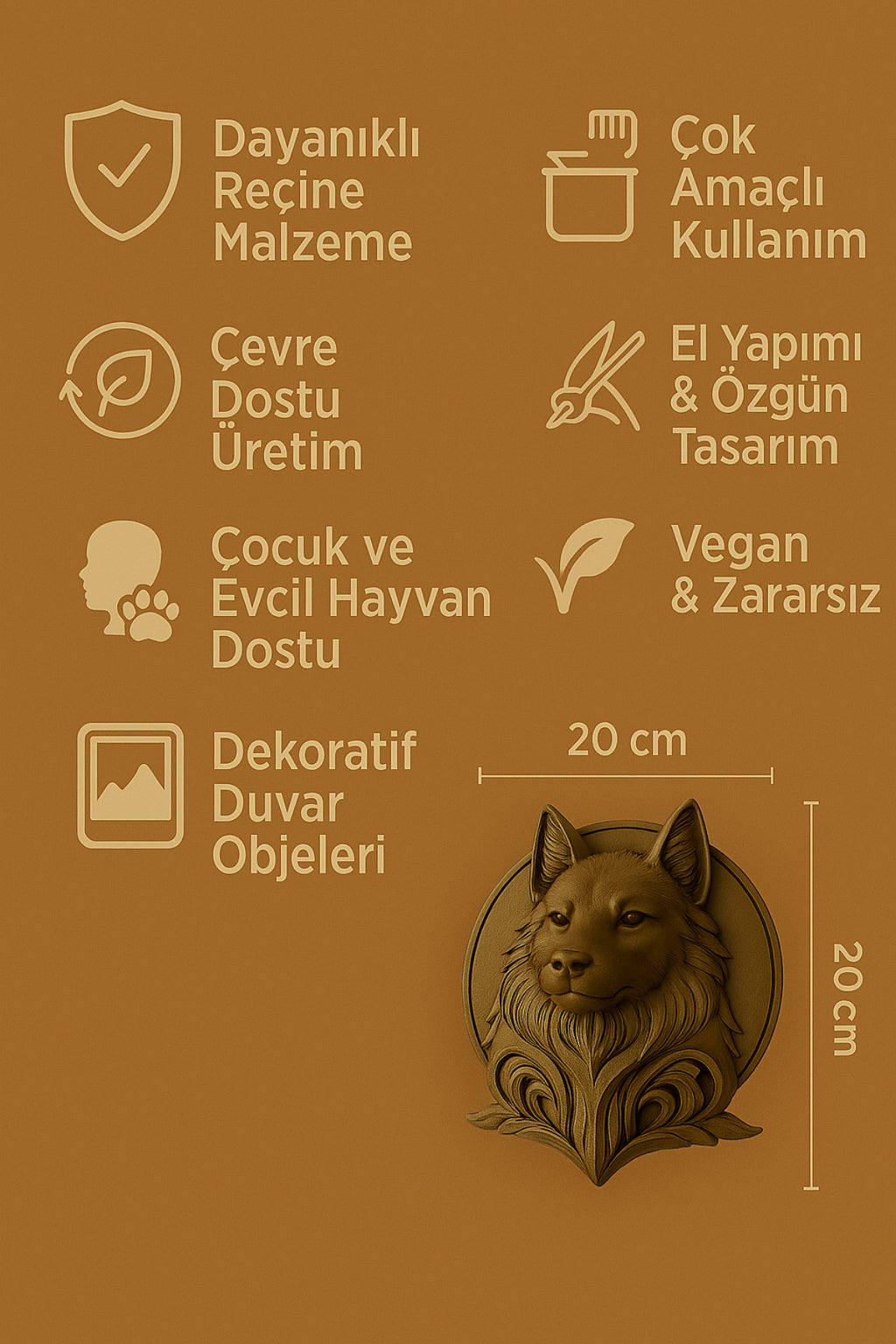 Dekoratif Bozkurt Gold Hediyelik Ofis Ev Dekoru 20 Cm - Görsel 2