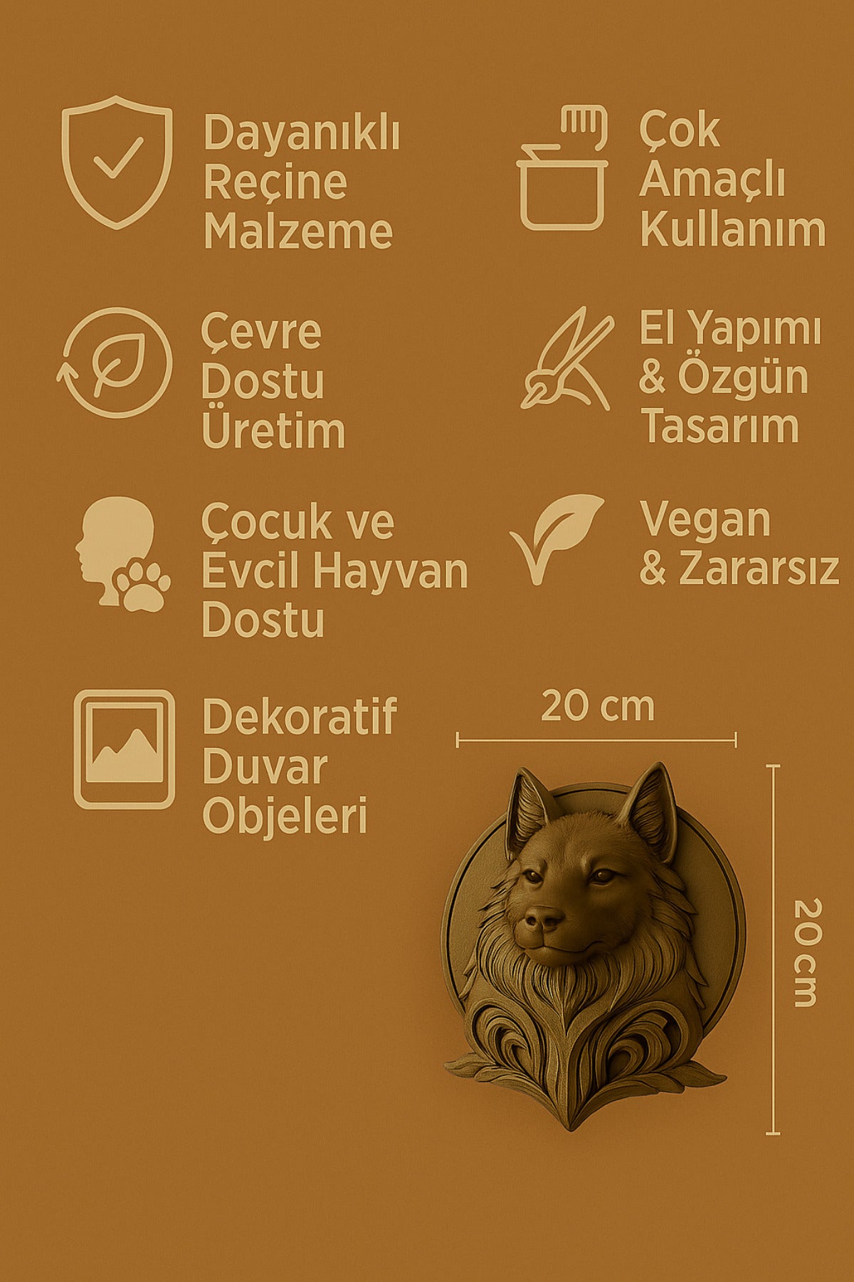 Dekoratif Bozkurt Gold Hediyelik Ofis Ev Dekoru 20 Cm - Görsel 2