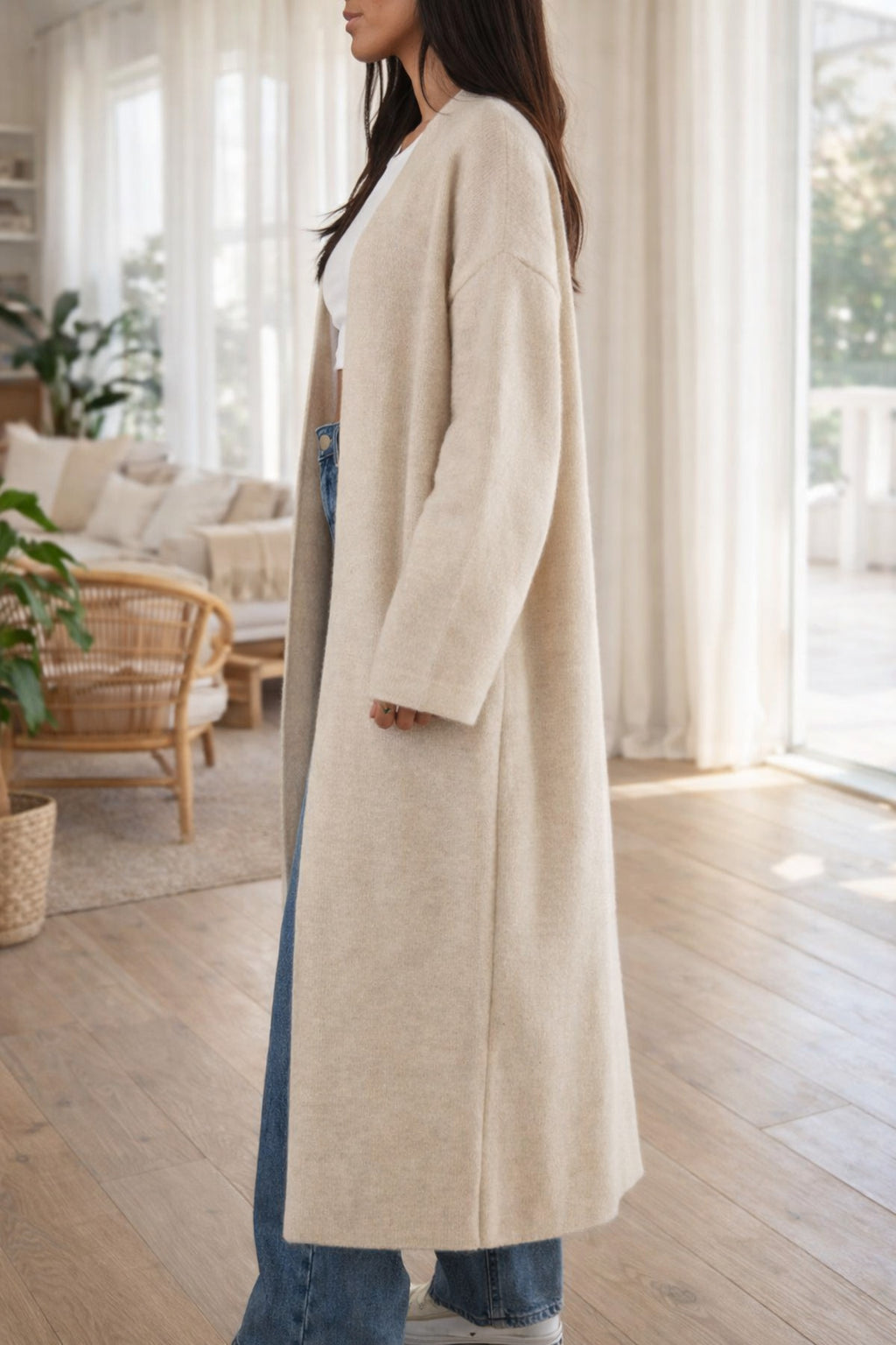 Kadın Şardonlu Uzun Oversize Triko Hırka – Şal Yaka, 120 cm - Bej