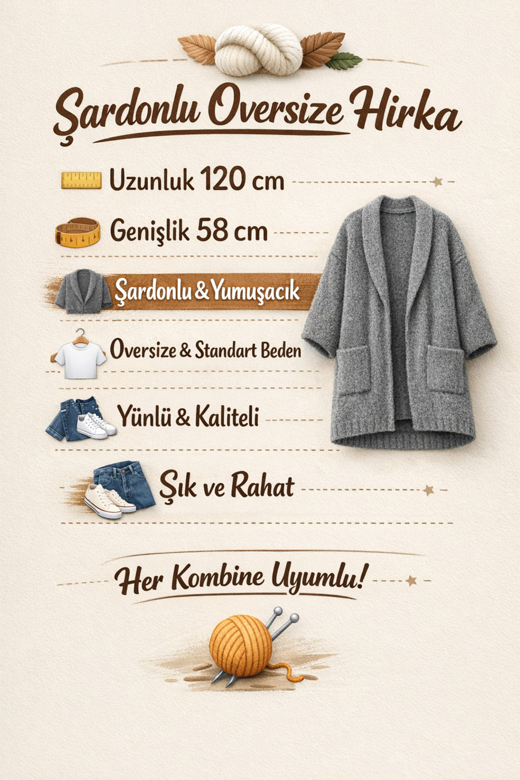 Kadın Uzun Oversize Triko Hırka – Saç Örgüsü Detaylı, Yün/Akrilik Karışım - Yeşil