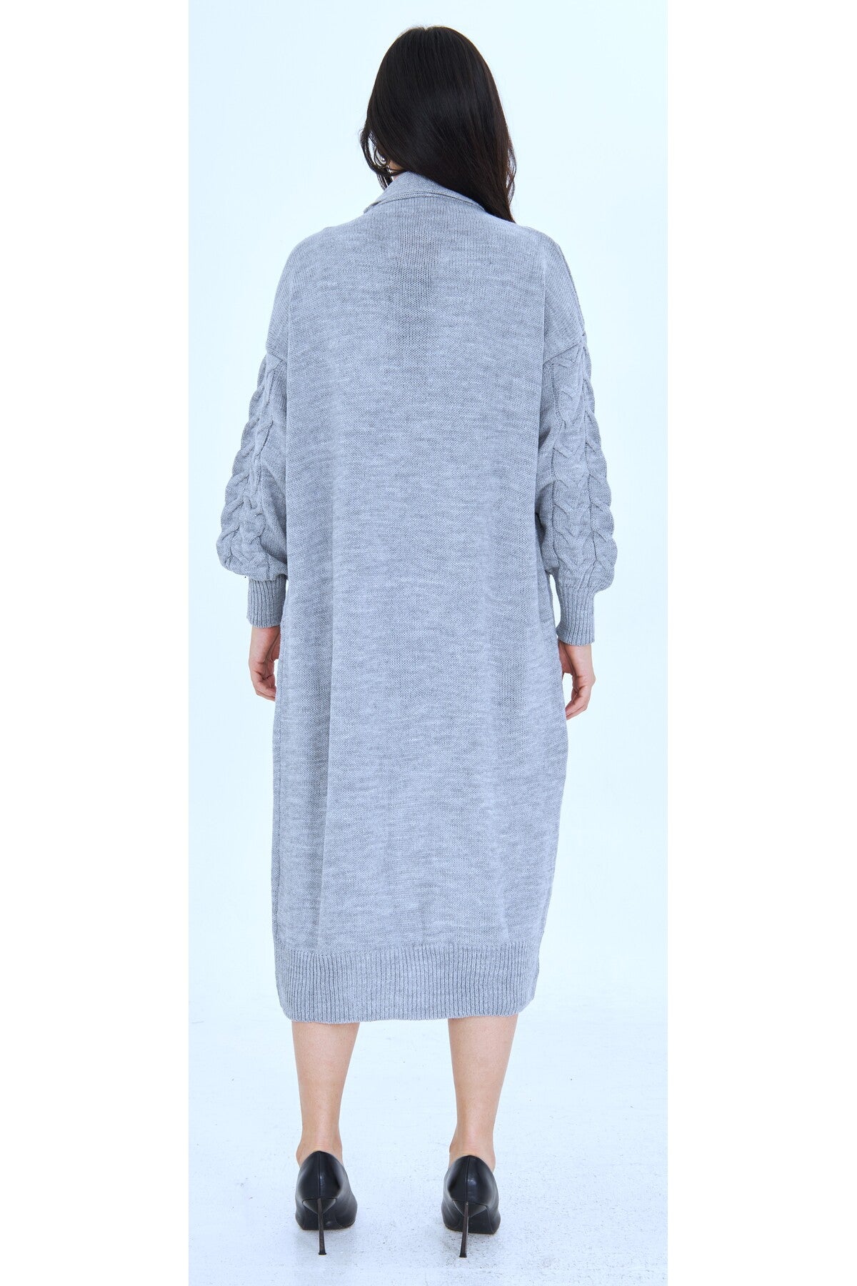 Kadın Uzun Oversize Triko Hırka – Saç Örgüsü Detaylı, Yün/Akrilik Karışım - Gri